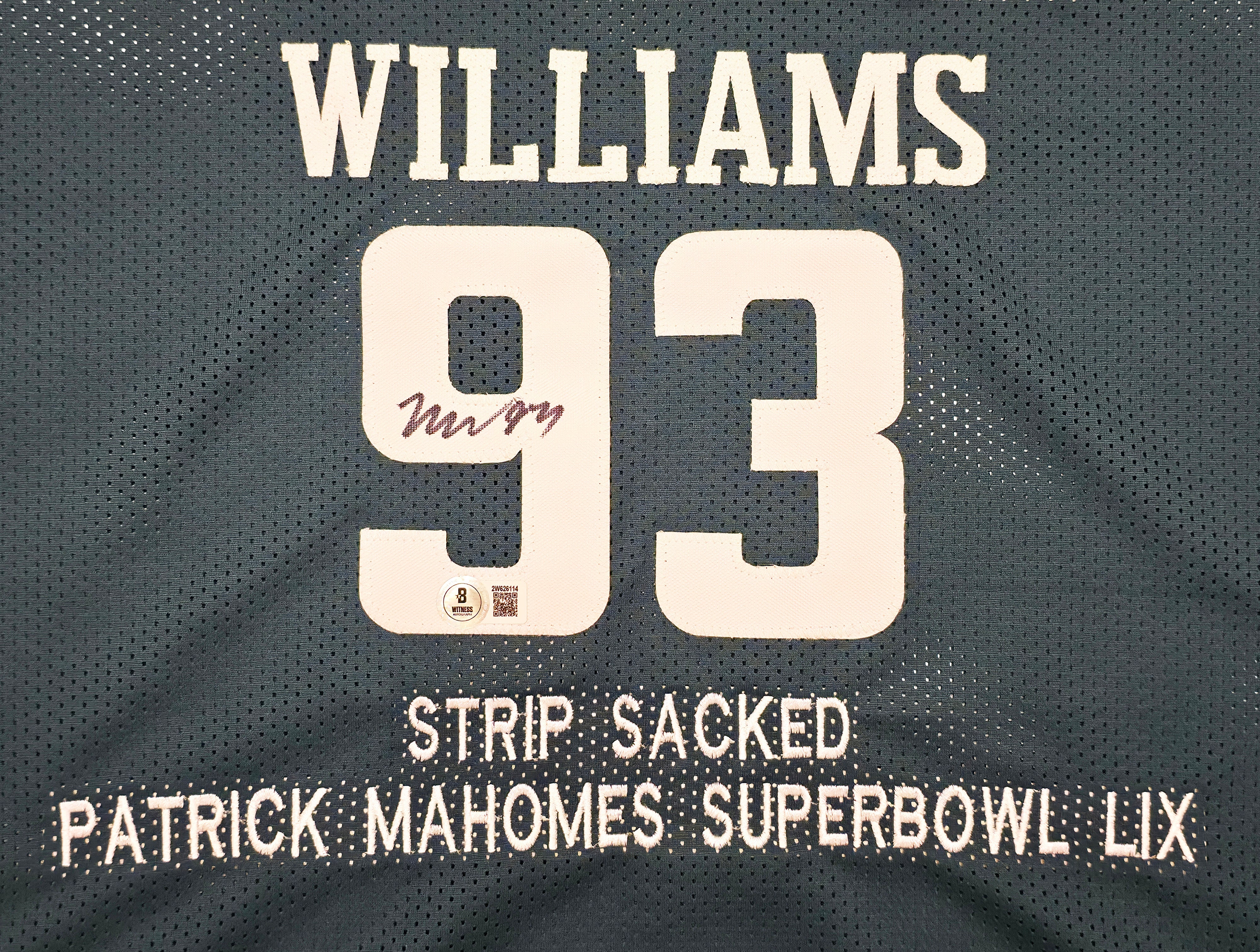 Philadelphia Eagles Brandon Graham & Milton Williams Autographed Green Super Bowl Stats Jersey Strip Sack Champions Beckett BAS Witness Stock #239890 - Image 3