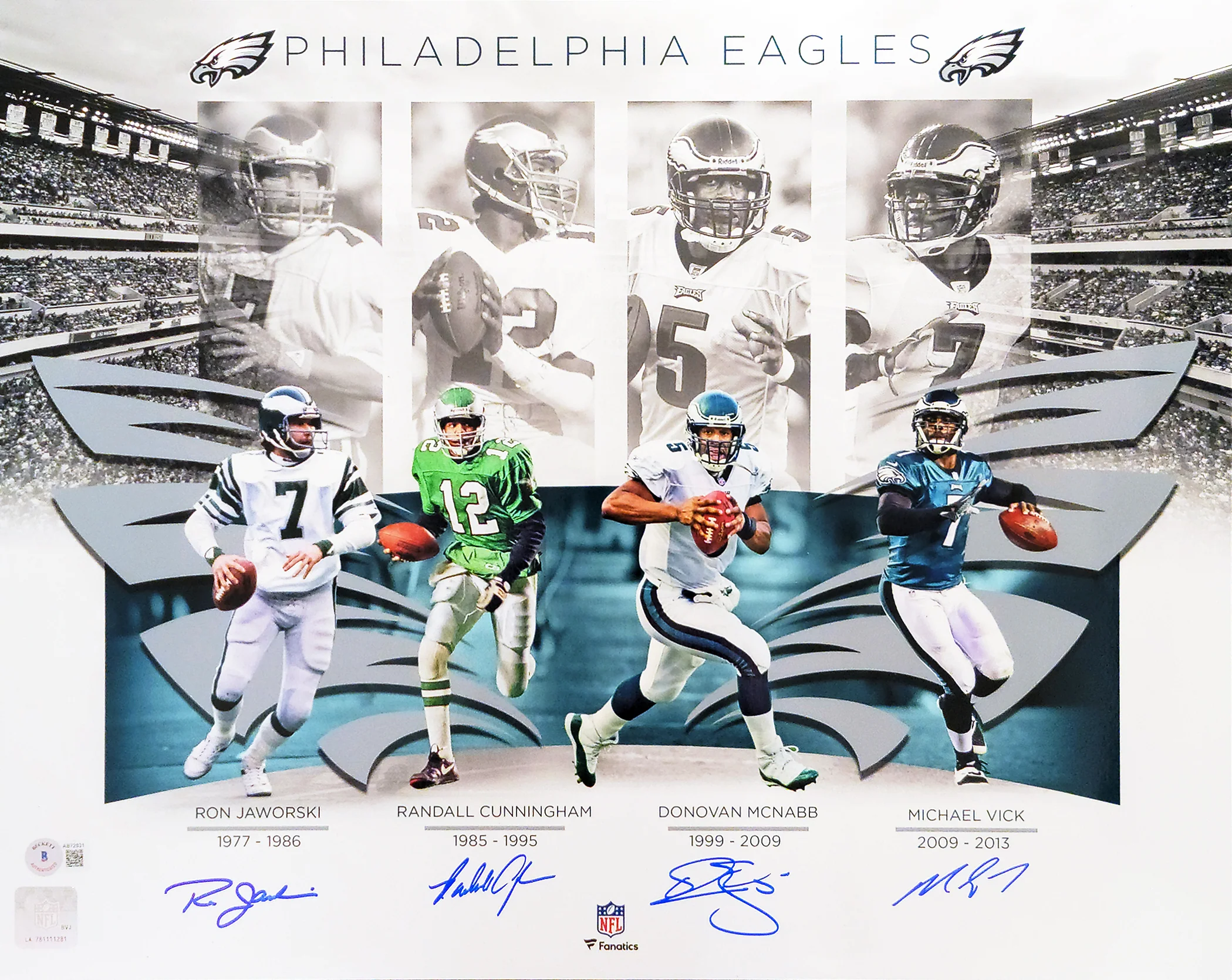 Philadelphia Eagles Quarterbacks Autographed 16x20 Photo With 4 Signatures Including Randall Cunningham & Donovan McNabb Beckett BAS Stock #206005