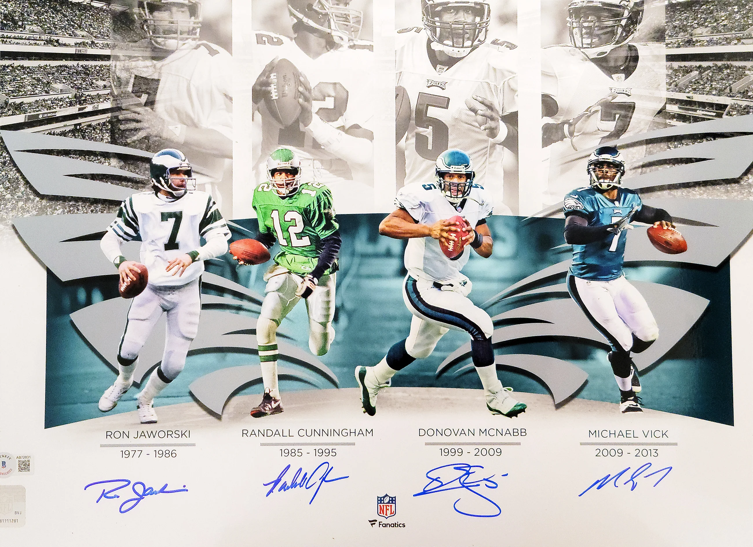 Philadelphia Eagles Quarterbacks Autographed 16x20 Photo With 4 Signatures Including Randall Cunningham & Donovan McNabb Beckett BAS Stock #206005 - Image 2