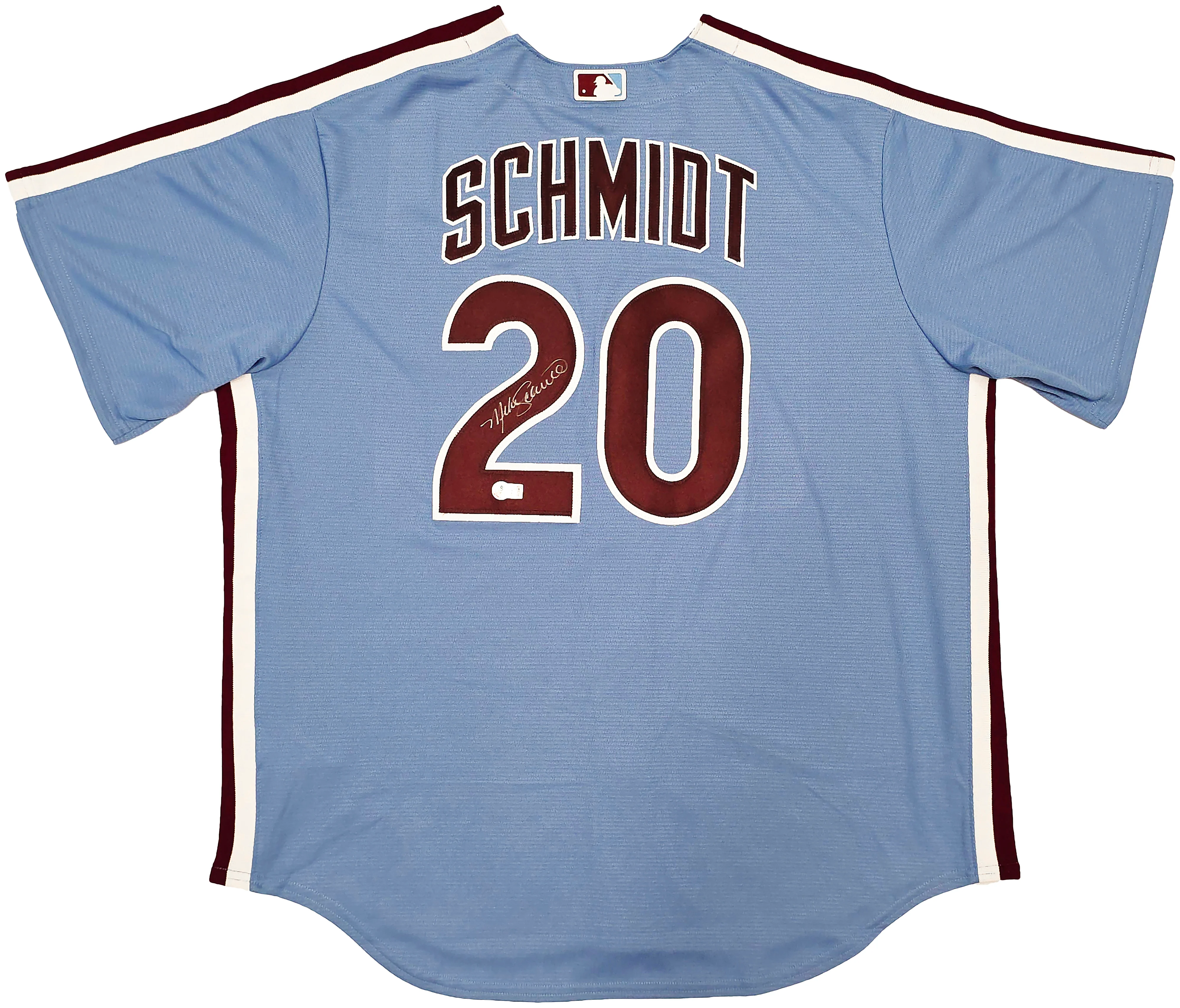Philadelphia Phillies Mike Schmidt Autographed Light Blue Throwback Nike Jersey Size XL Beckett BAS QR Stock #261405