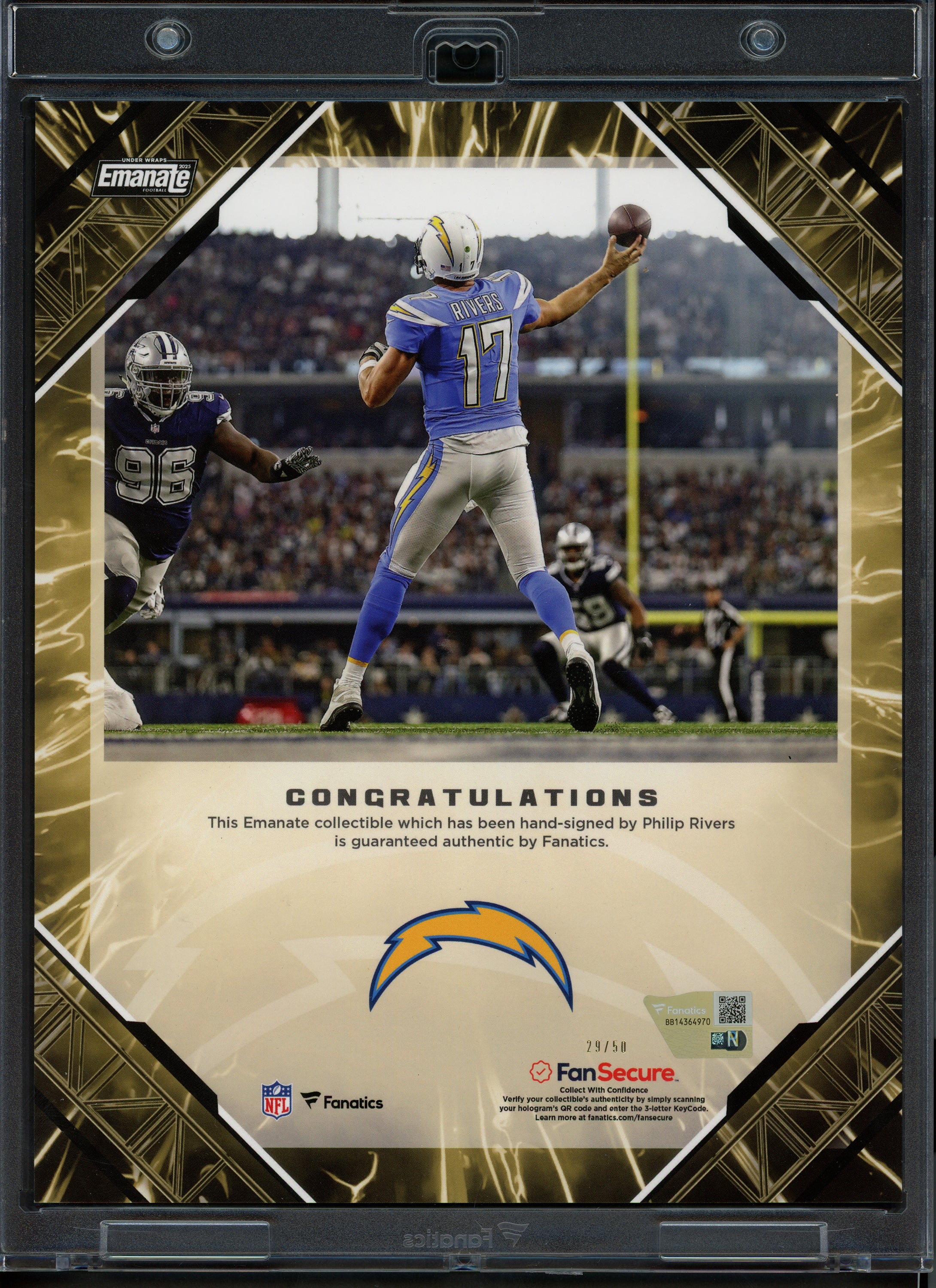Philip Rivers Autographed 2025 Under Wraps NFL Emanate Gold Card Los Angeles Chargers #29/50 Fanatics Holo #BB14364970 - Image 2