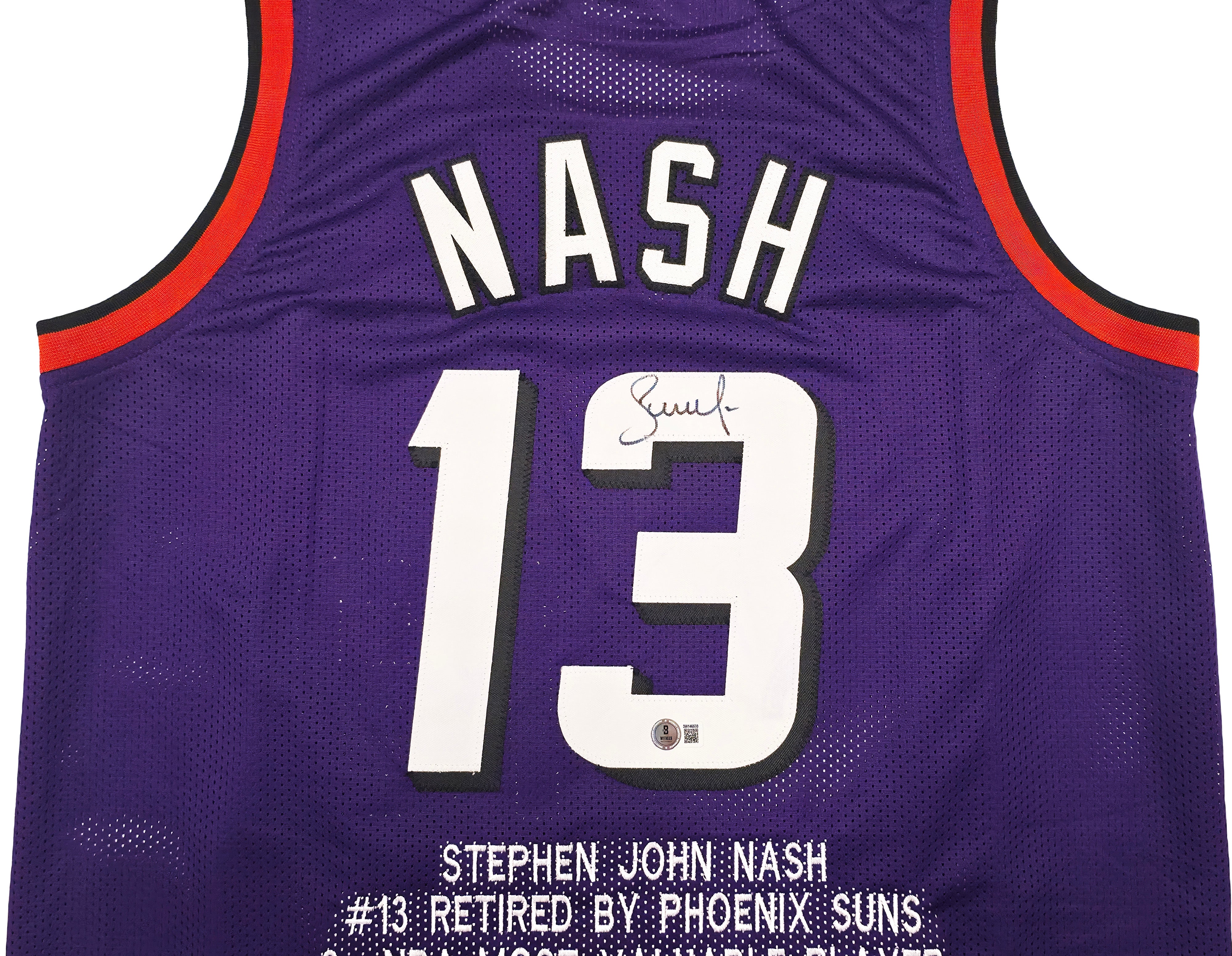 Phoenix Suns Steve Nash Autographed Purple Stat Jersey Beckett BAS Witness Stock #252472 - Image 2