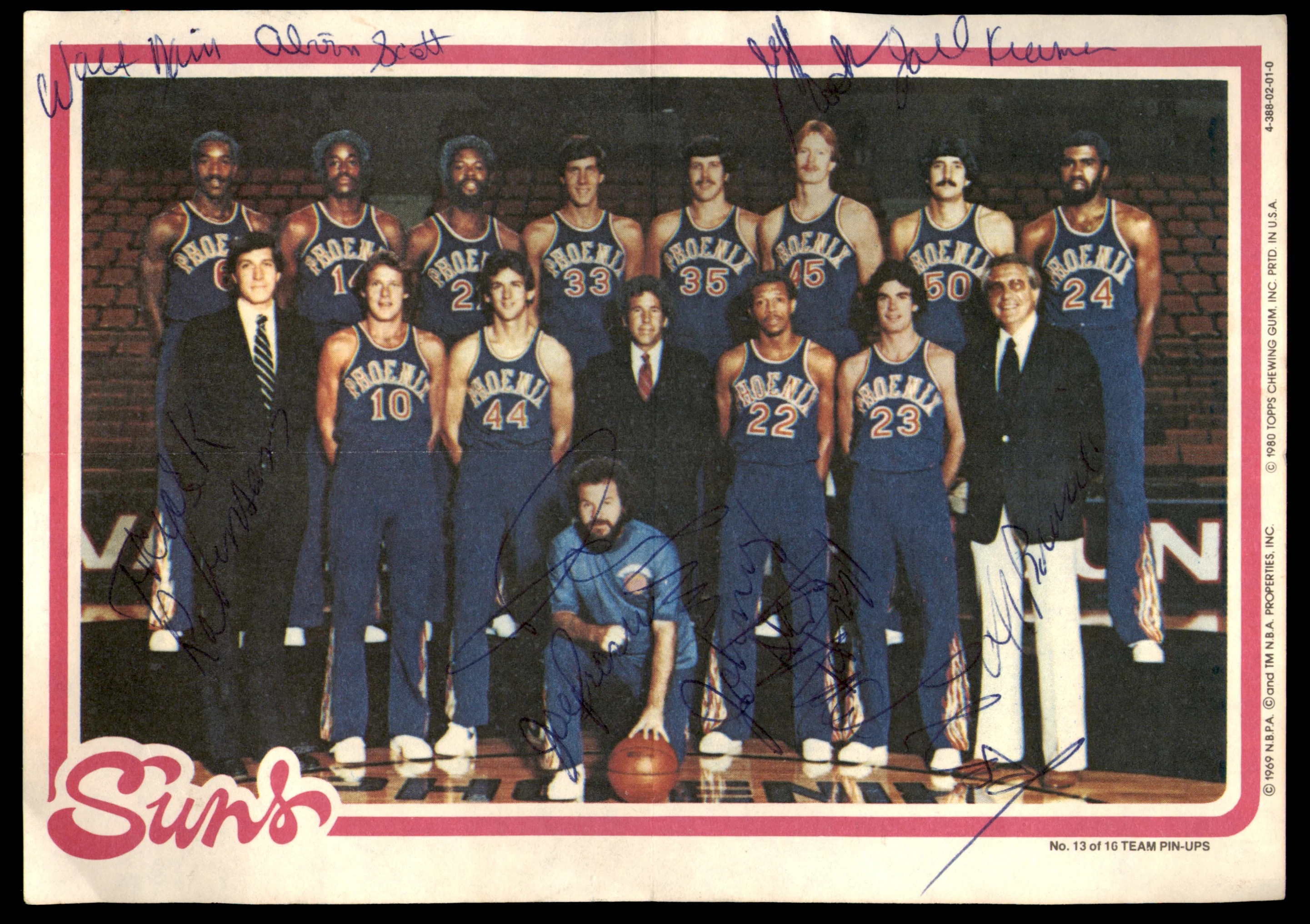 Phoenix Suns Team Autographed 1980-81 Topps Team Pin-ups Card With 9 Signatures Including Walter Davis & Truck Robinson SKU #252121