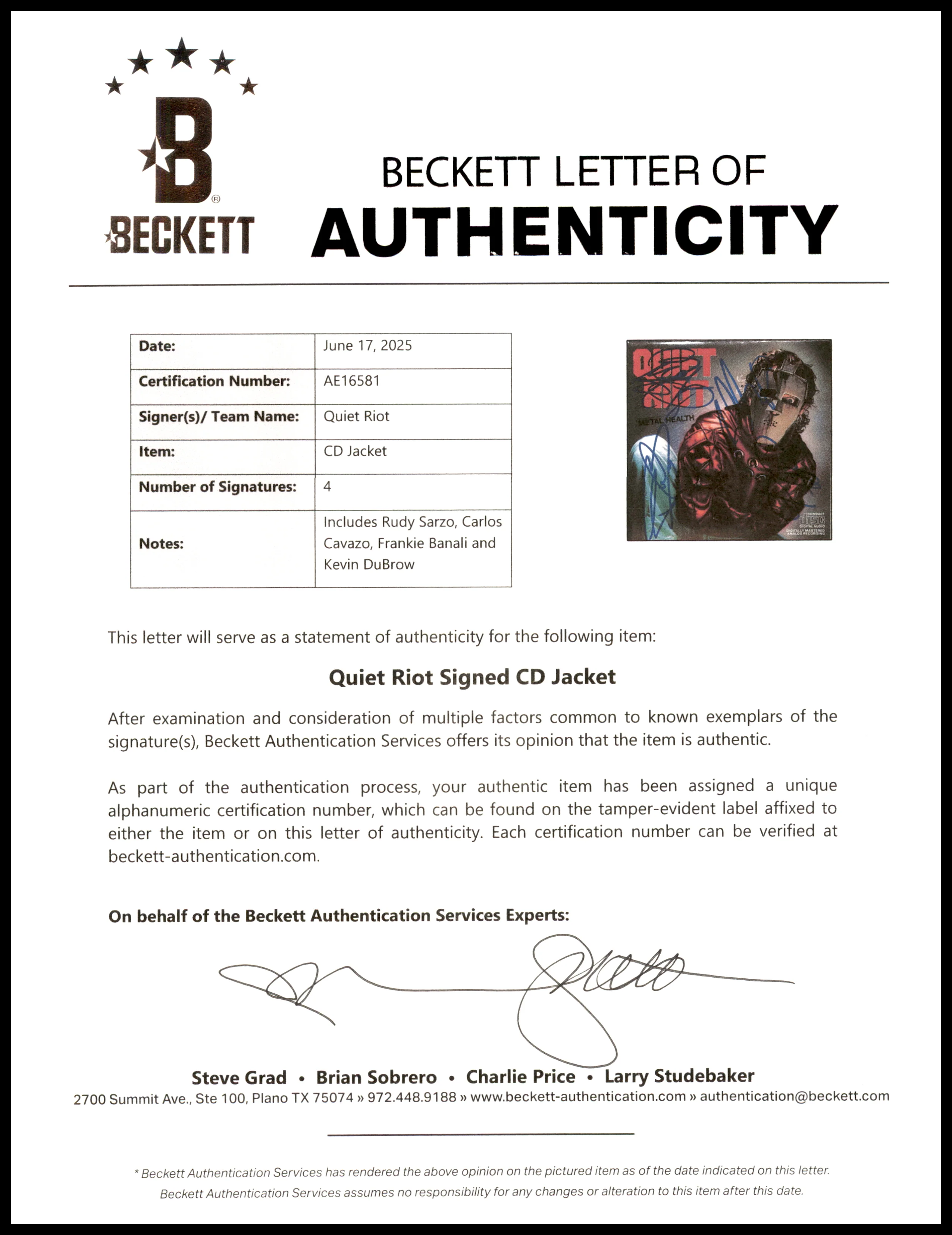 Quiet Riot Autographed Metal Health CD Cover With 4 Signatures Including Kevin DuBrow Beckett BAS #AE16581 - Image 4