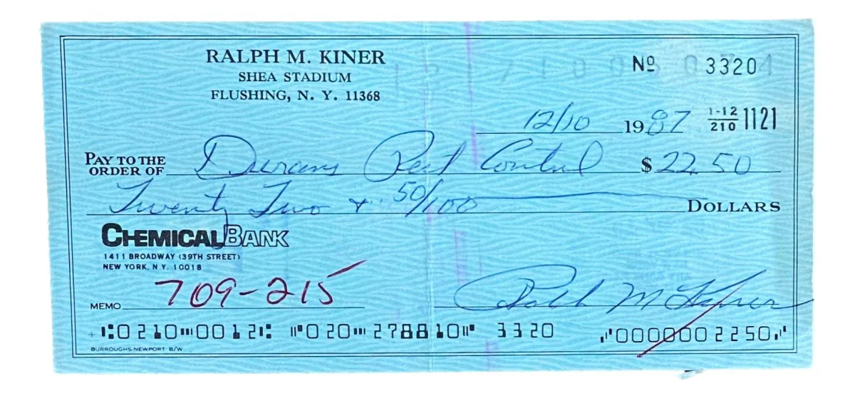 Ralph Kiner Pittsburgh Pirates Signed Bank Check #3320 BAS
