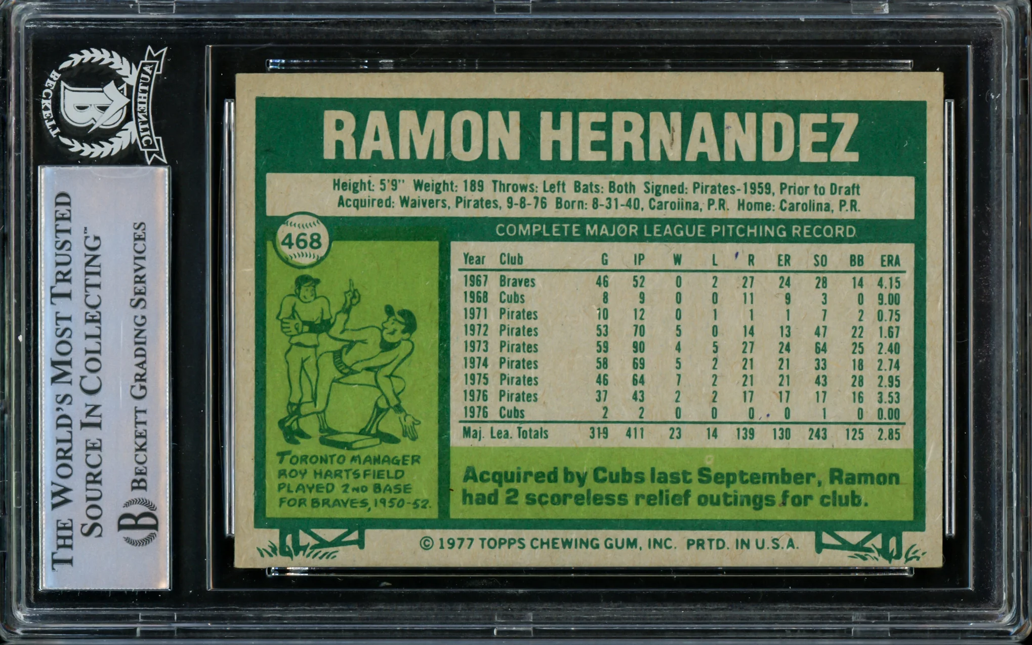 Ramon Hernandez Autographed 1977 Topps Card #468 Chicago Cubs Beckett BAS #14230954 - Image 2