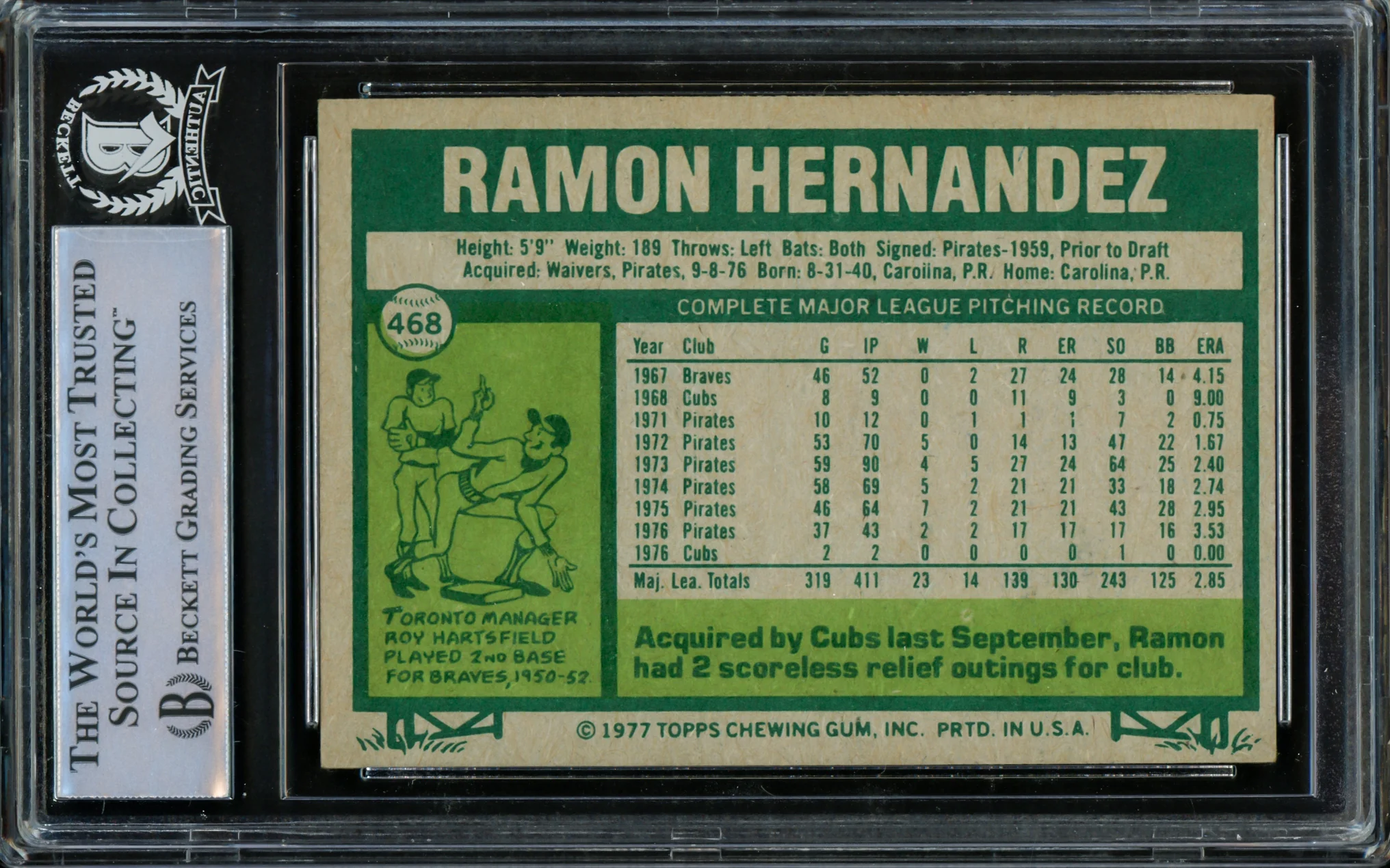 Ramon Hernandez Autographed 1977 Topps Card #468 Chicago Cubs Beckett BAS #14230957 - Image 2