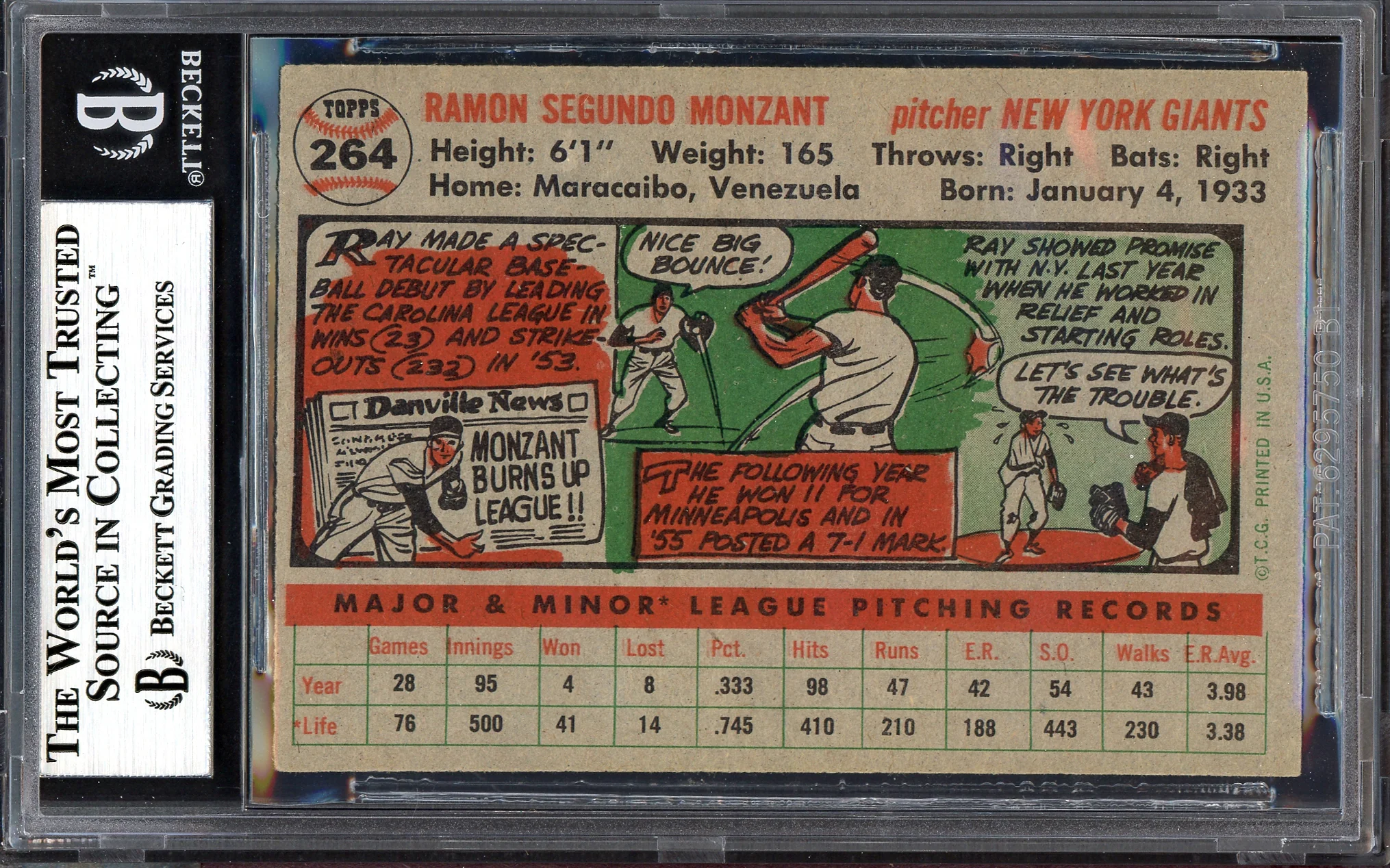Ramon Ray Monzant Autographed 1956 Topps Rookie Card #264 New York Giants Beckett BAS #13610267 - Image 2