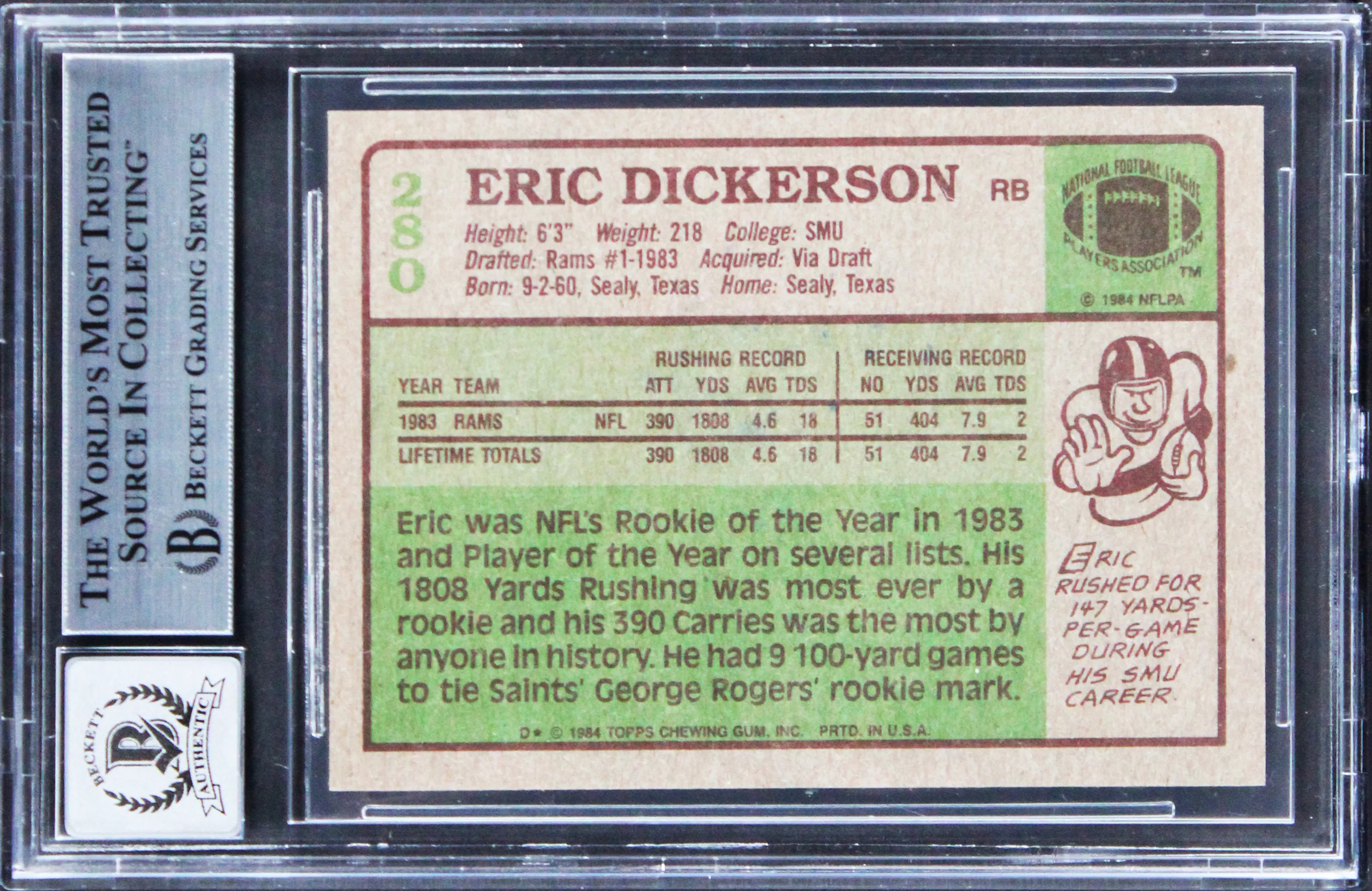 Rams Eric Dickerson "2x Insc" Signed 1984 Topps #280 Card Auto 10! BAS Slabbed - Image 3