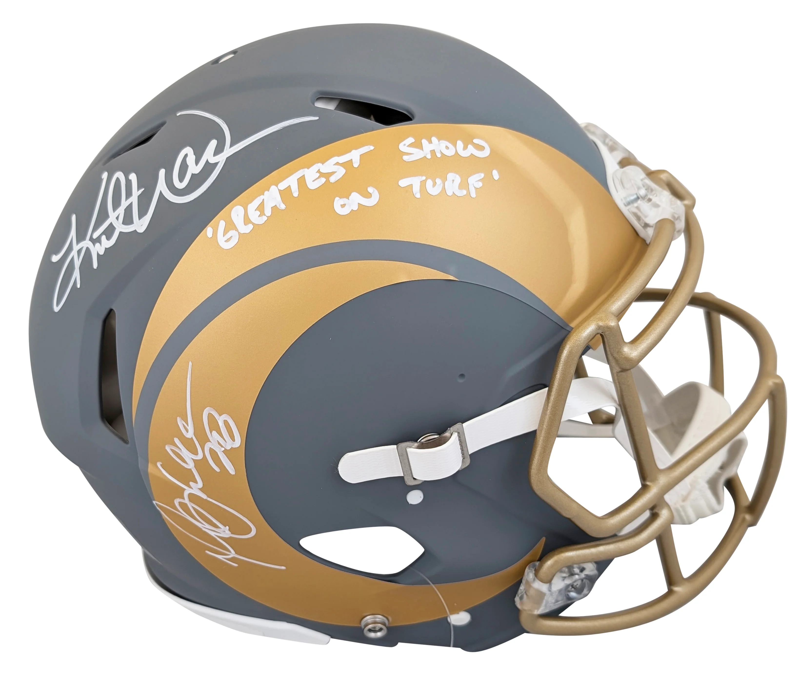 Rams Marshall Faulk & Kurt Warner Signed Slate F/S Speed Proline Helmet BAS Wit - Image 2