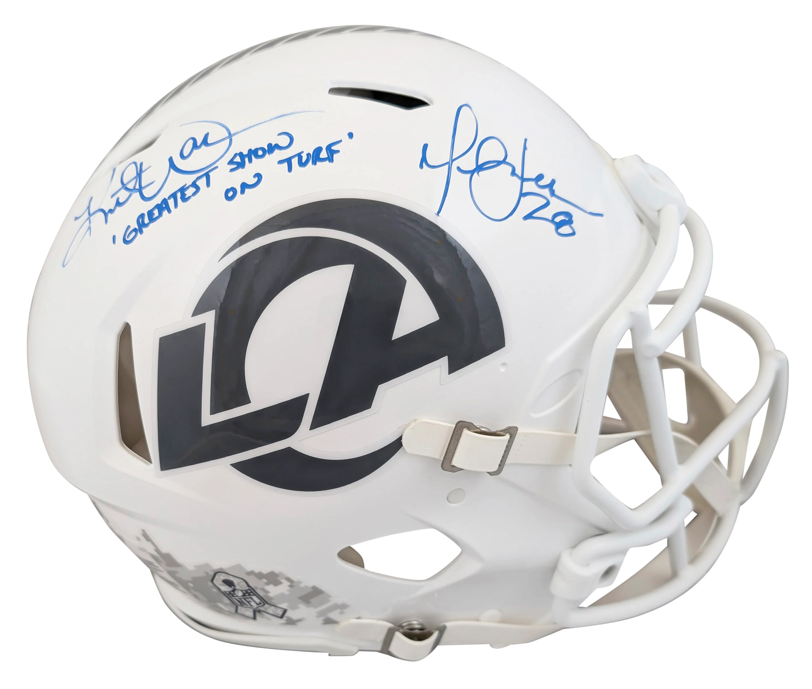 Rams Marshall Faulk & Kurt Warner Signed STS III F/S Speed Proline Helmet BAS W - Image 2