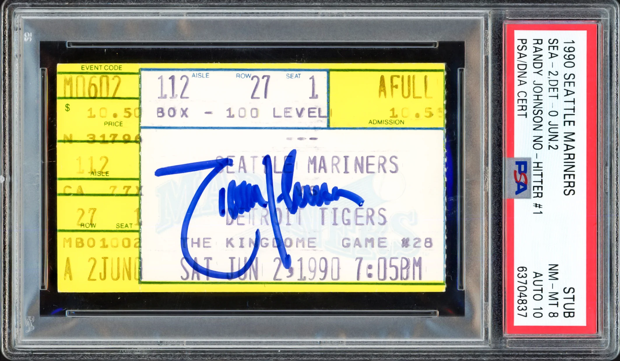 Randy Johnson Autographed 1st No Hitter Ticket Stub Seattle Mariners June 2nd, 1990 PSA 8 Auto Grade Gem Mint 10 Highest Graded PSA/DNA #63704837