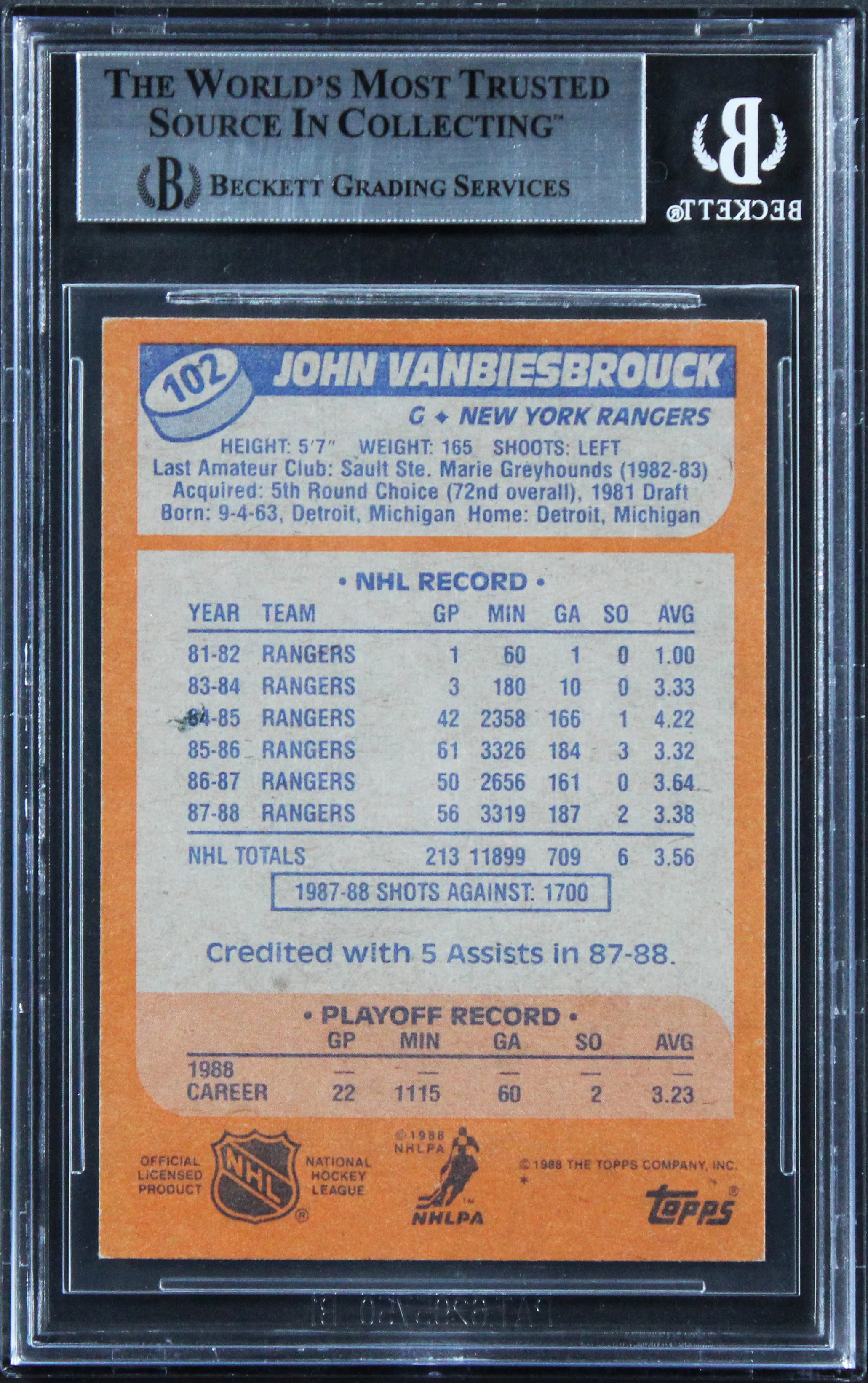Rangers John Vanbiesbrouck Authentic Signed 1988 Topps #102 Card BAS Slabbed 2 - Image 3