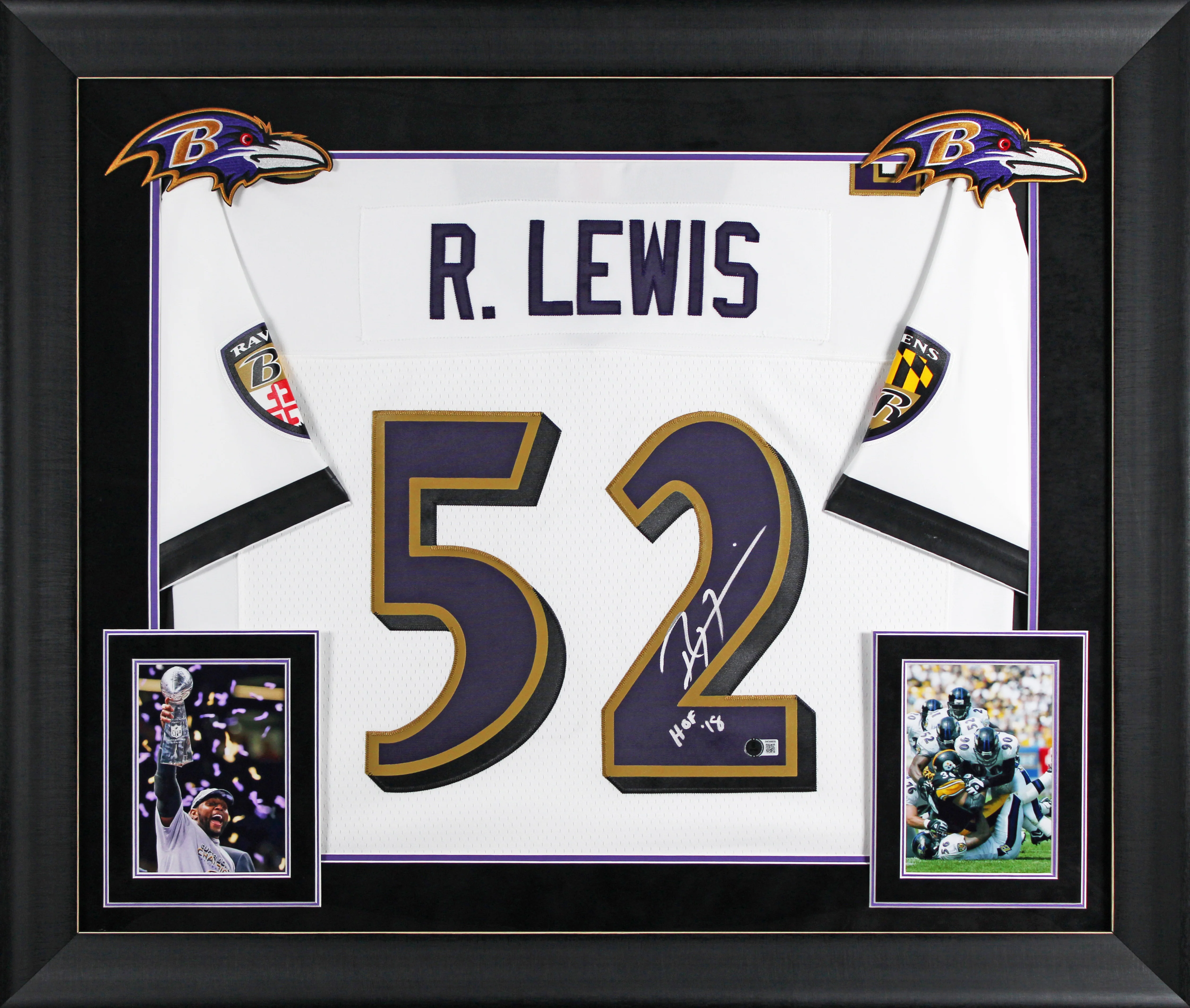Ravens Ray Lewis HOF 18 Authentic Signed White M&N Framed Jersey BAS Witnessed - Image 2