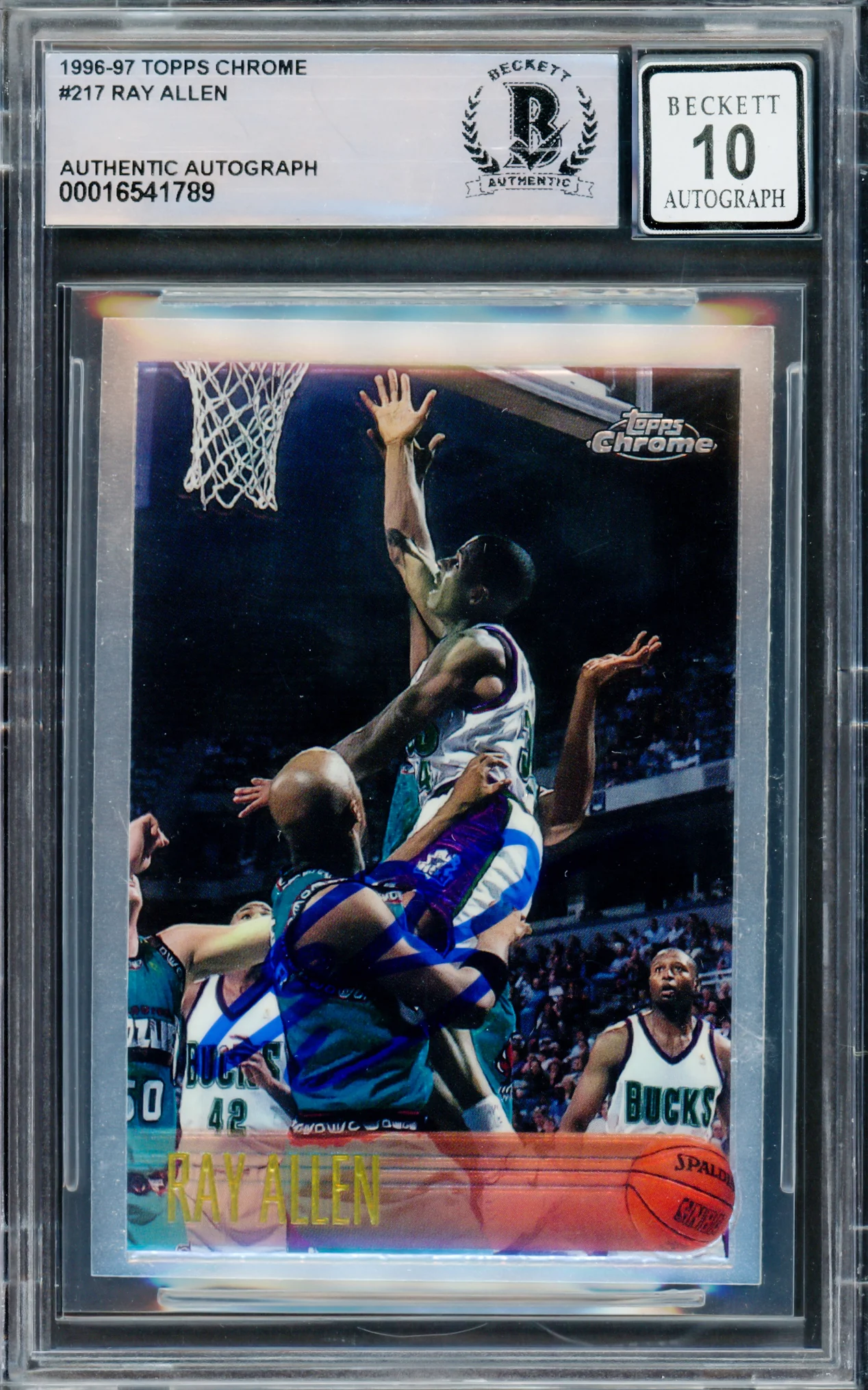 Ray Allen Autographed 1996 Topps Chrome Rookie Card #217 Milwaukee Bucks Auto Grade Gem Mint 10 Beckett BAS #16541789