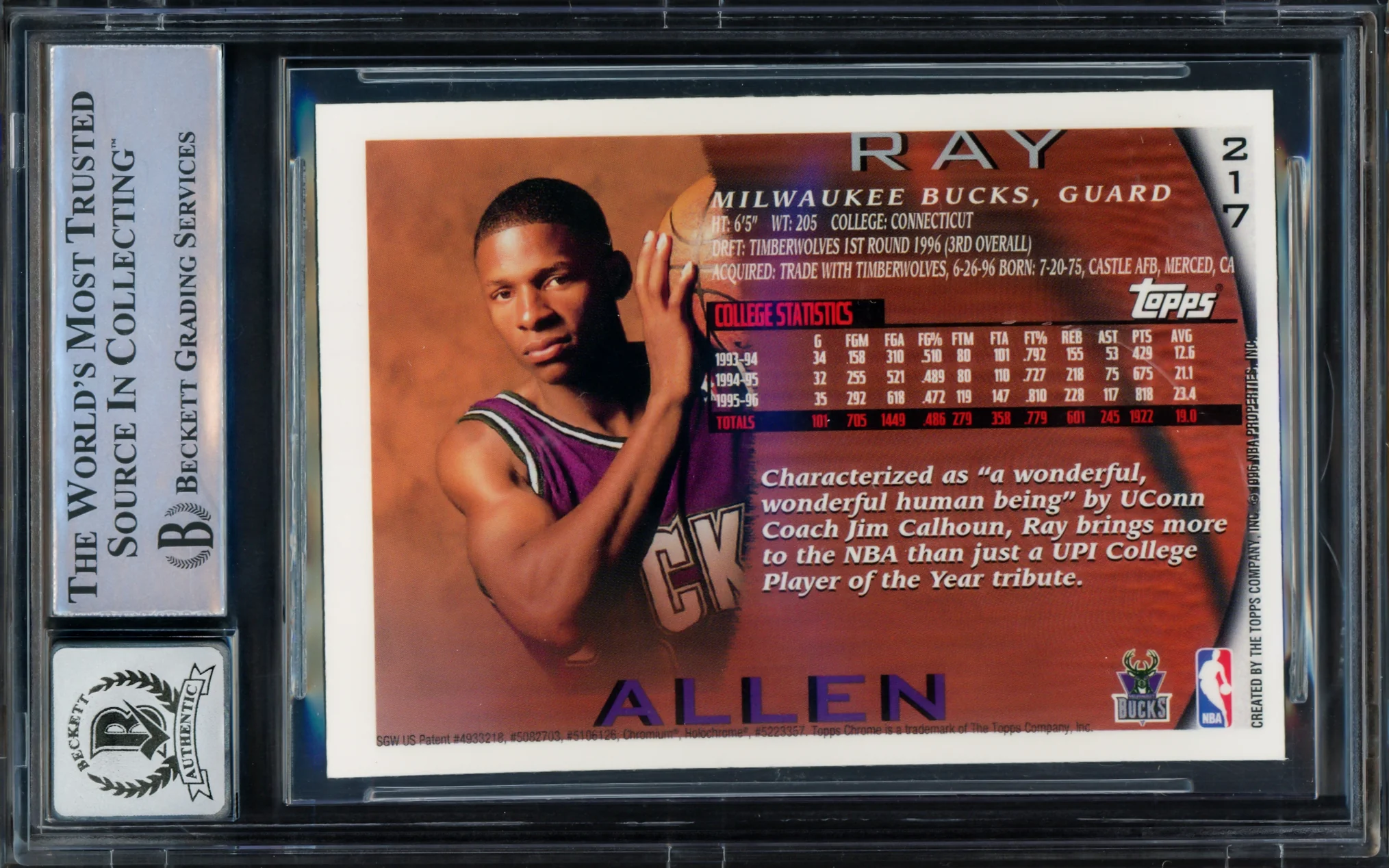 Ray Allen Autographed 1996 Topps Chrome Rookie Card #217 Milwaukee Bucks Auto Grade Gem Mint 10 Beckett BAS #16541789 - Image 2