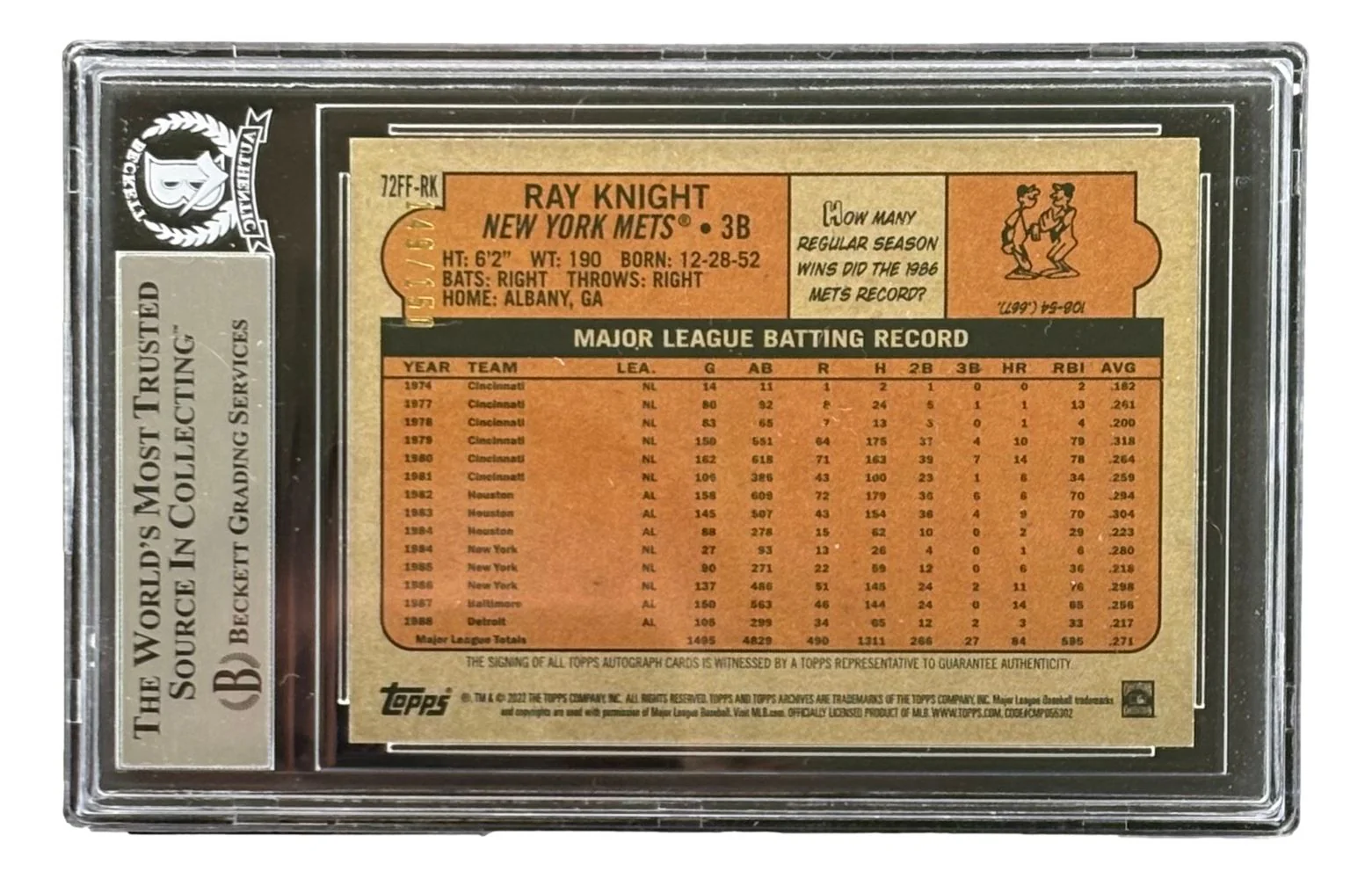 Ray Knight Signed 2022 Topps Archives #72FFRK Mets Trading Card LE/150 BAS - Image 2