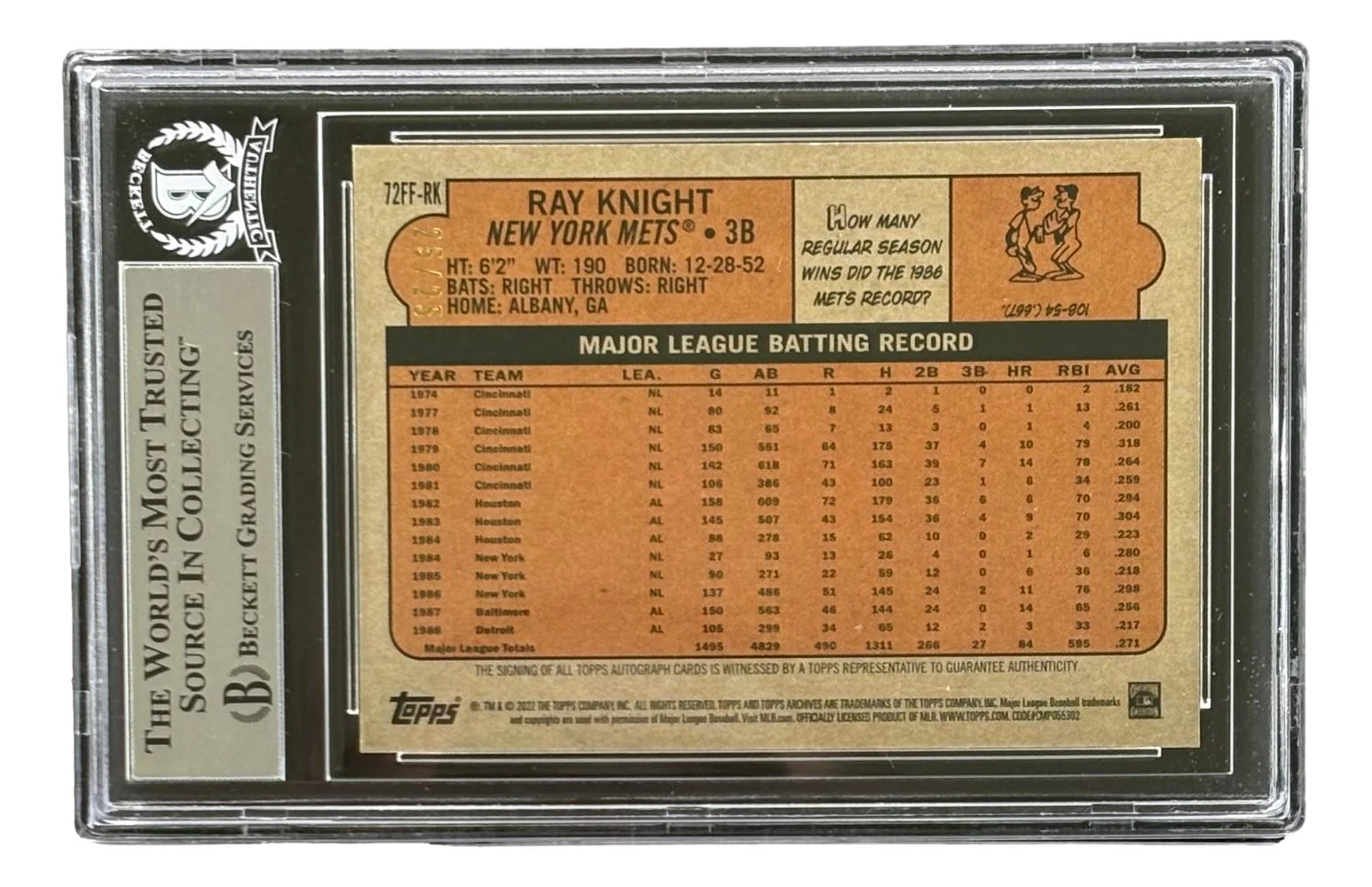 Ray Knight Signed 2022 Topps Archives #72FFRK Mets Trading Card LE/25 BAS - Image 2
