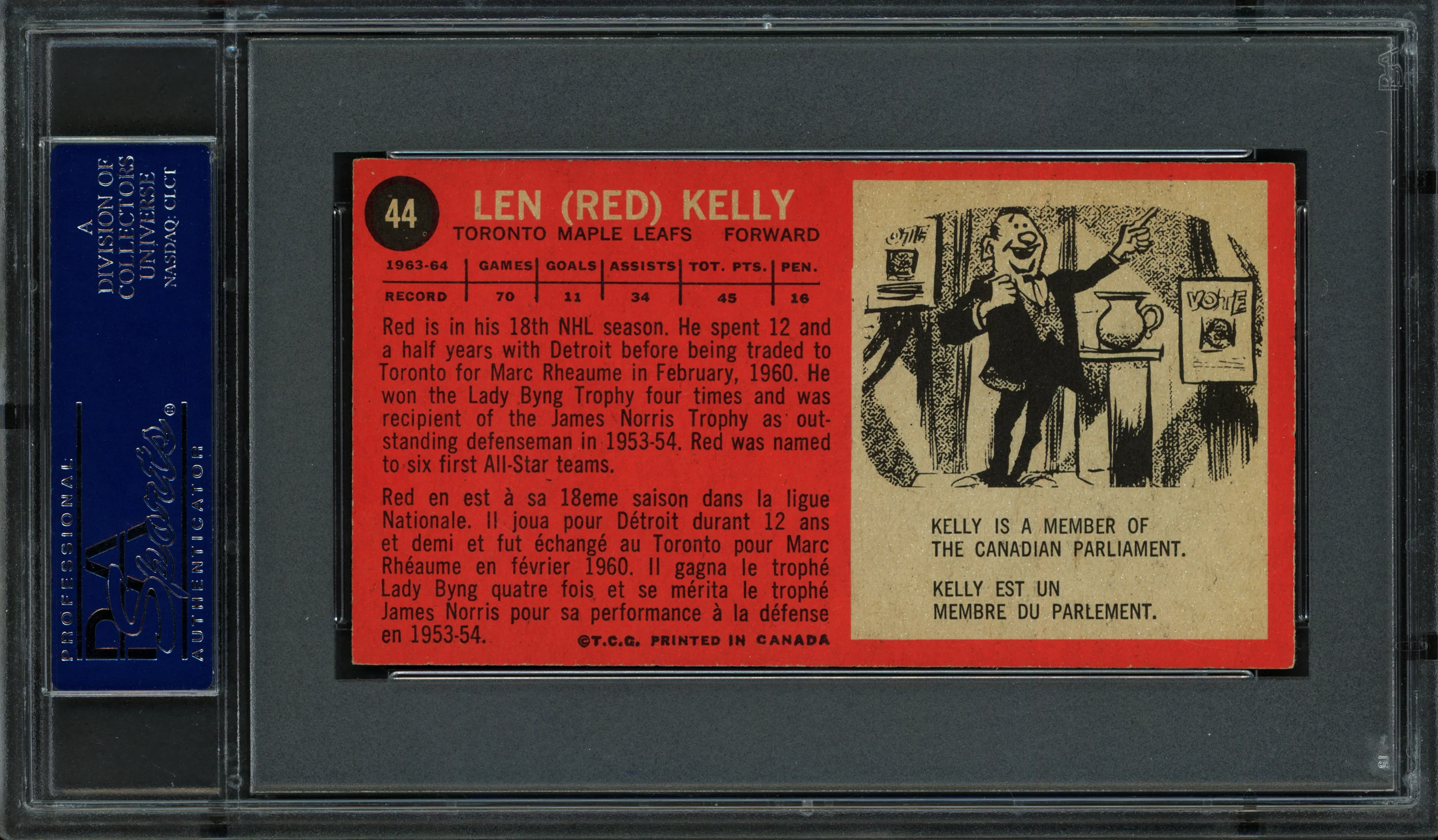 Red Kelly Autographed 1964 Topps Card #44 Toronto Maple Leafs PSA/DNA #83322308 - Image 2