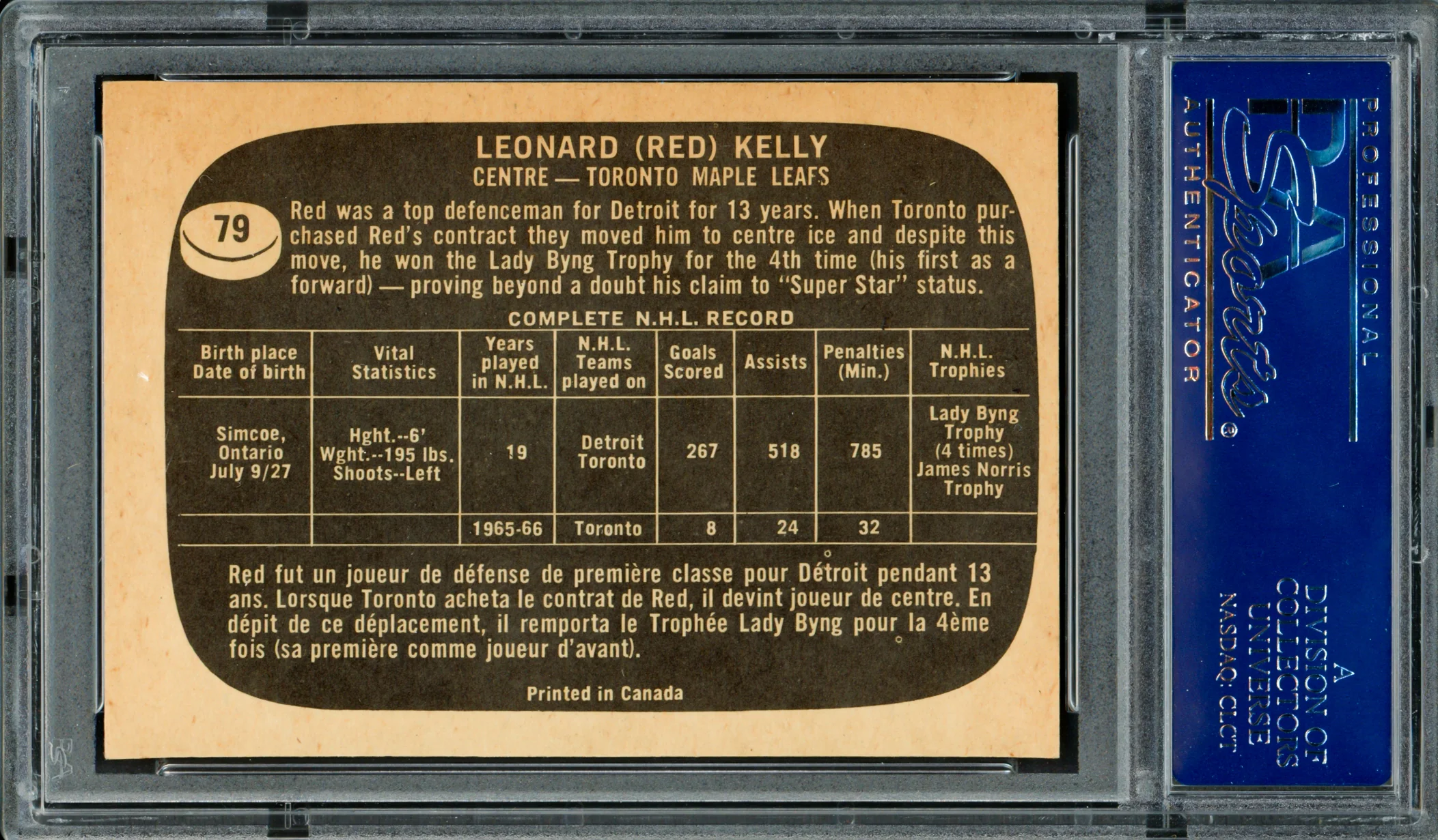 Red Kelly Autographed 1966-67 Topps Card #79 Toronto Maple Leafs PSA/DNA #83462245 - Image 2