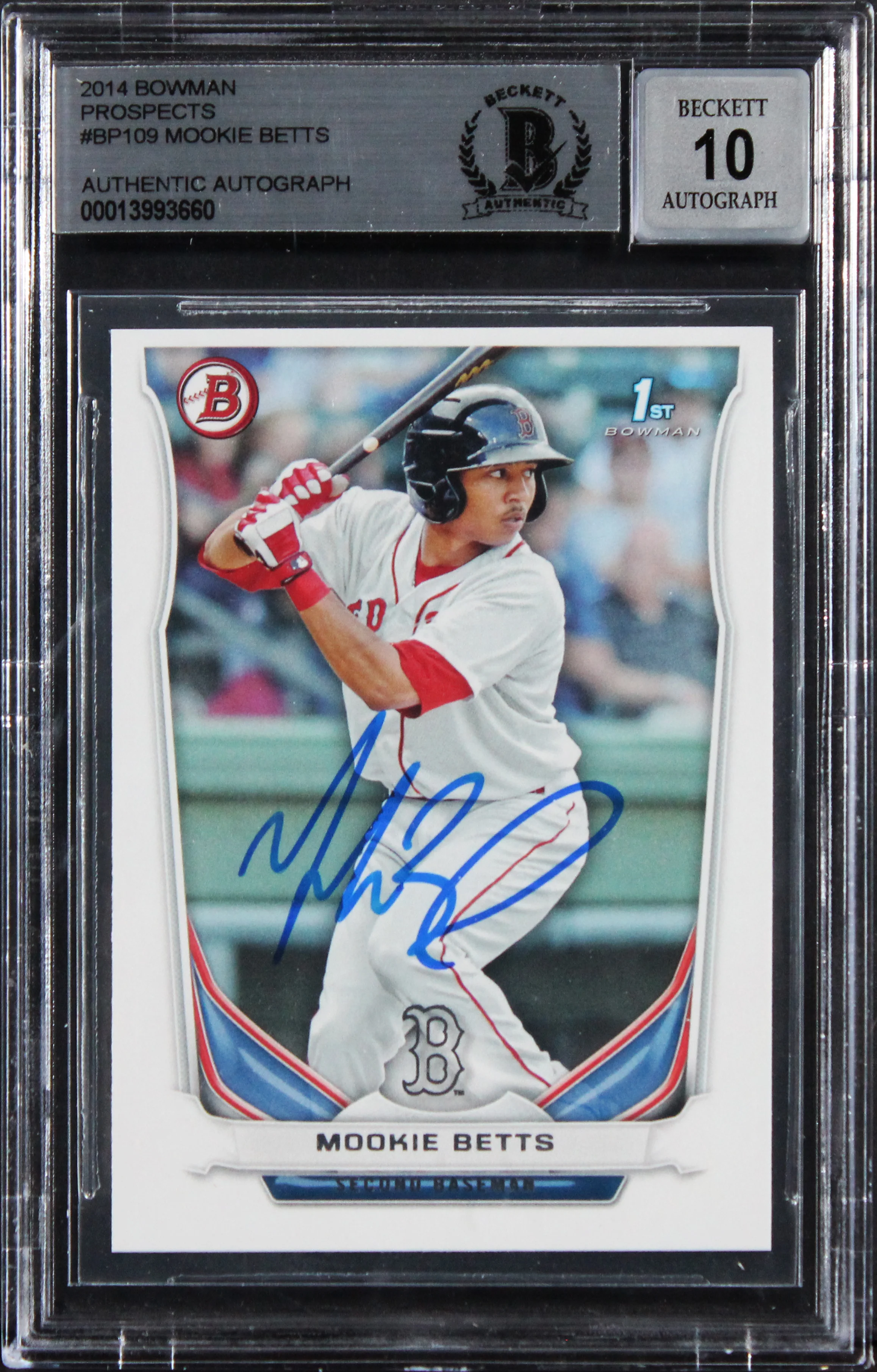 Red Sox Mookie Betts Signed 2014 Bowman #BP109 RC Card Auto GM 10! BAS Slabbed - Image 2