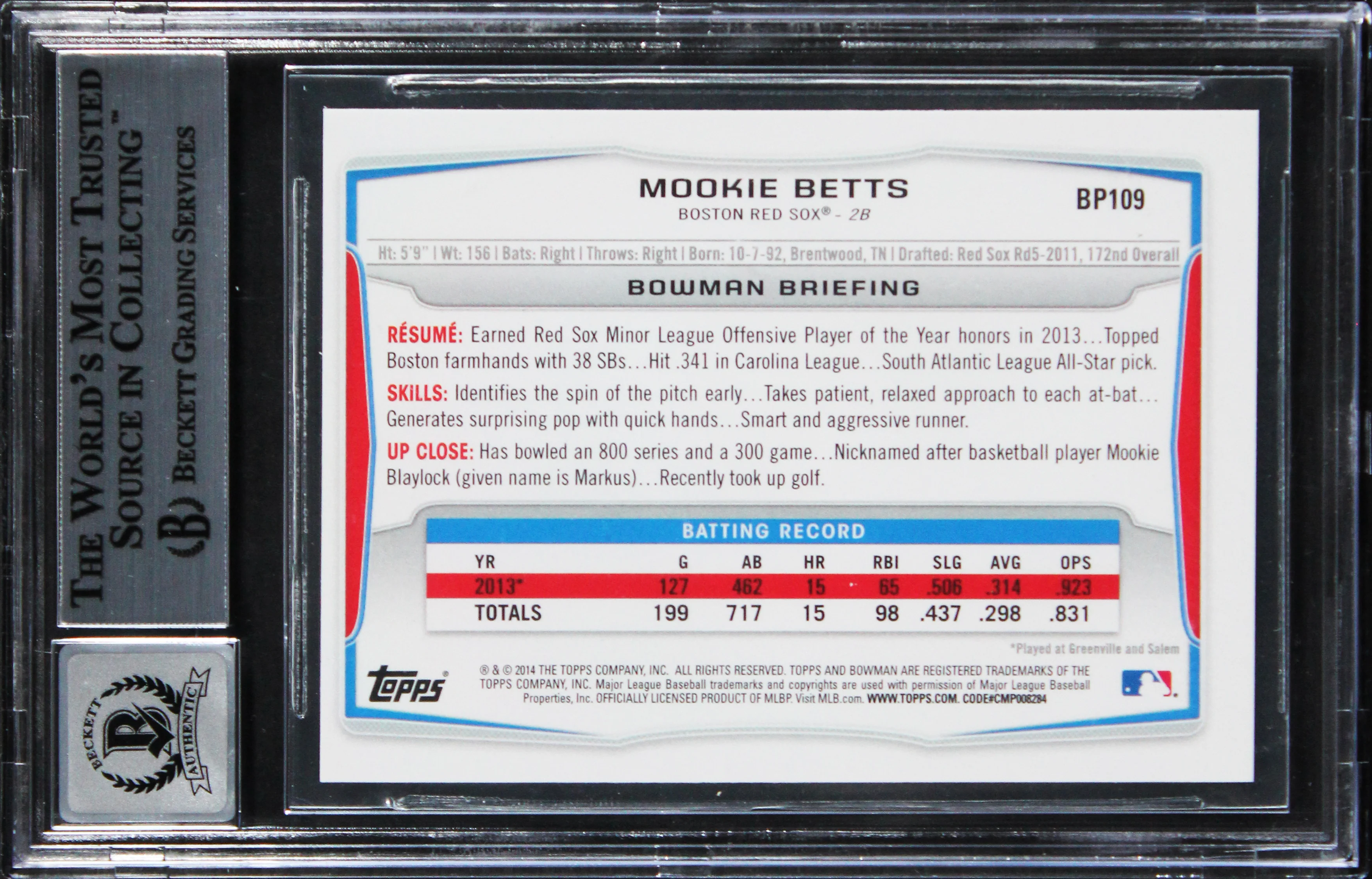 Red Sox Mookie Betts Signed 2014 Bowman #BP109 RC Card Auto GM 10! BAS Slabbed - Image 3