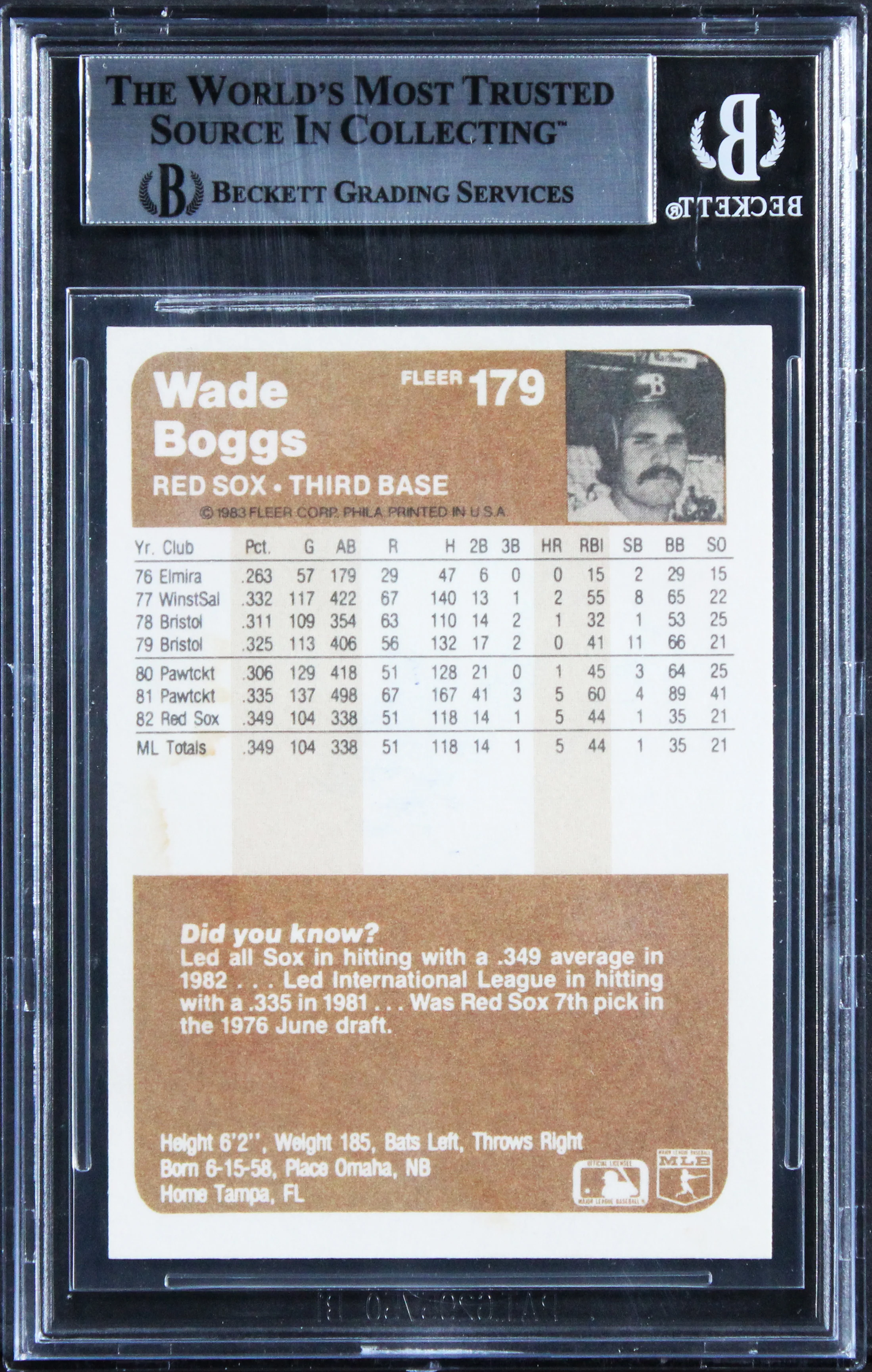 Red Sox Wade Boggs Authentic Signed 1983 Fleer #179 Card Autographed BAS Slabbed - Image 3