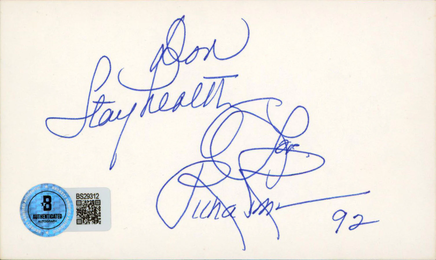 Richard Simmons "Don Stay Healthy 92" Signed 3x5 Index Card BAS #BS29312 - Image 2