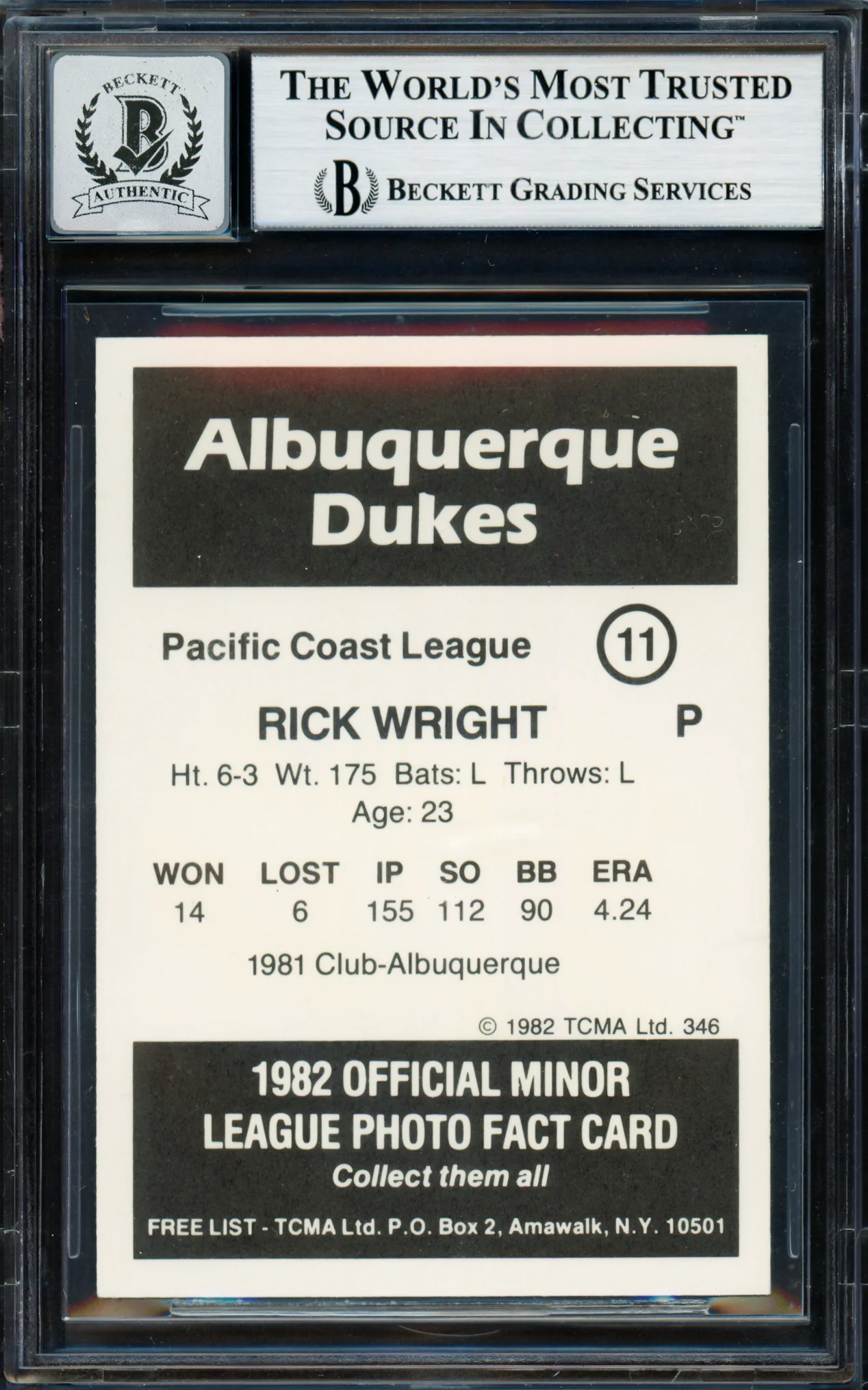 Rick Ricky Wright Autographed 1982 TCMA Card #11 Albuquerque Dukes Auto Grade Gem Mint 10 "To Mike" Beckett BAS #18282850 - Image 2