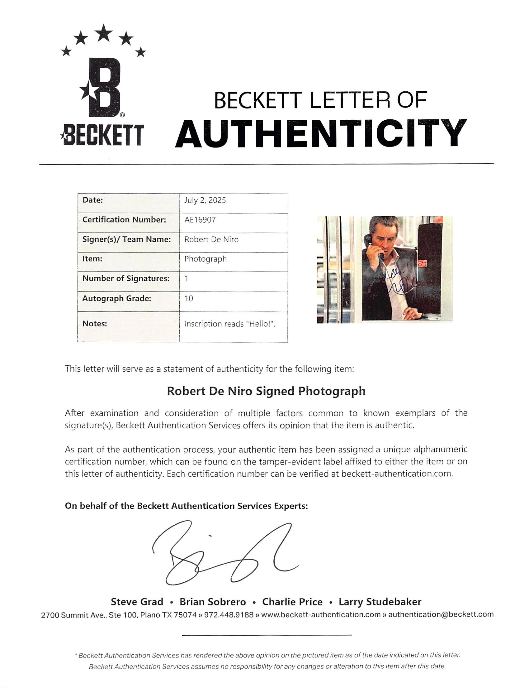Robert De Niro Goodfellas Authentic Signed 11x14 Photo Auto 10! BAS #AE16907 - Image 3