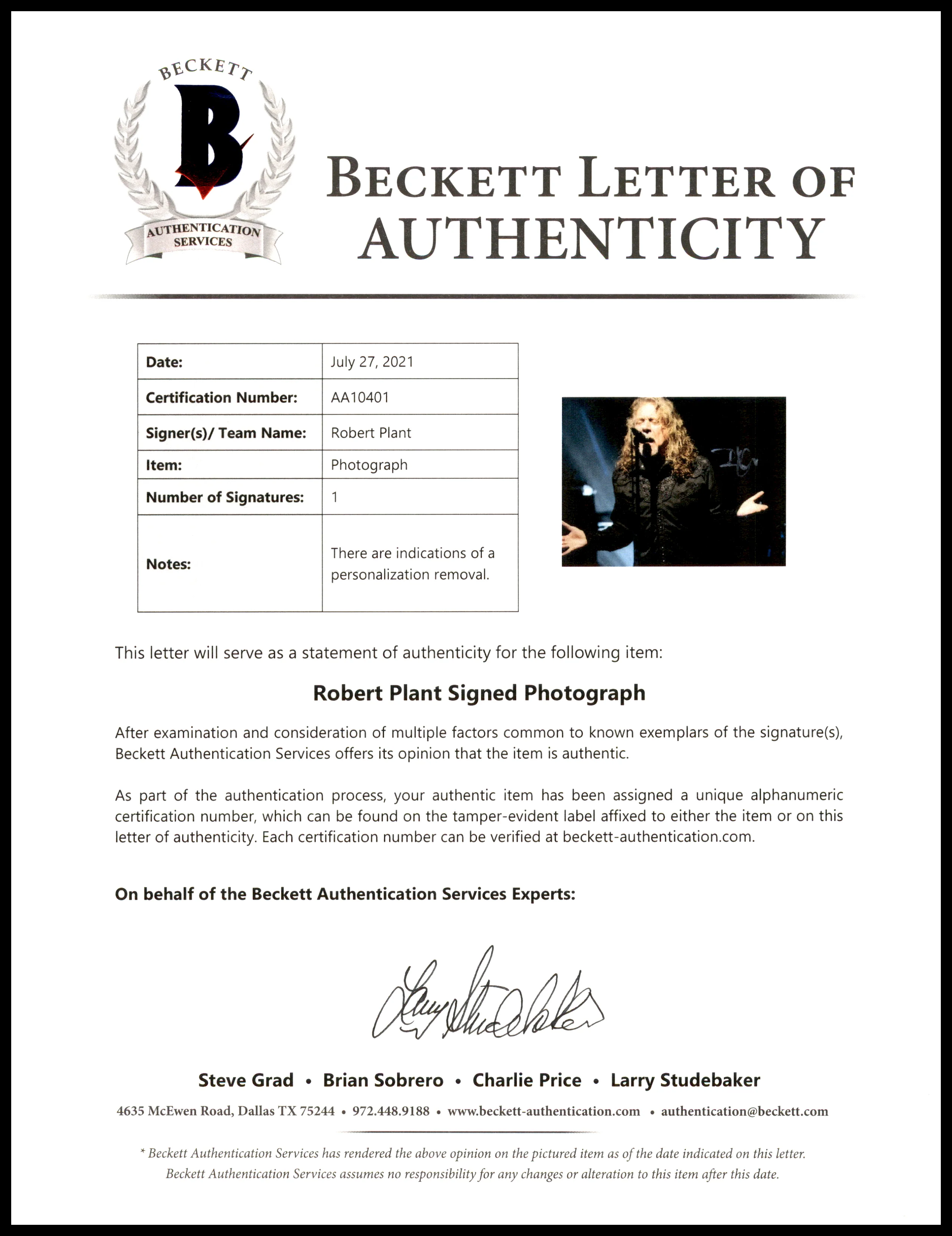Robert Plant Autographed 8x10 Photo Led Zeppelin (Removed Personalization) Beckett BAS #AA10401 - Image 2