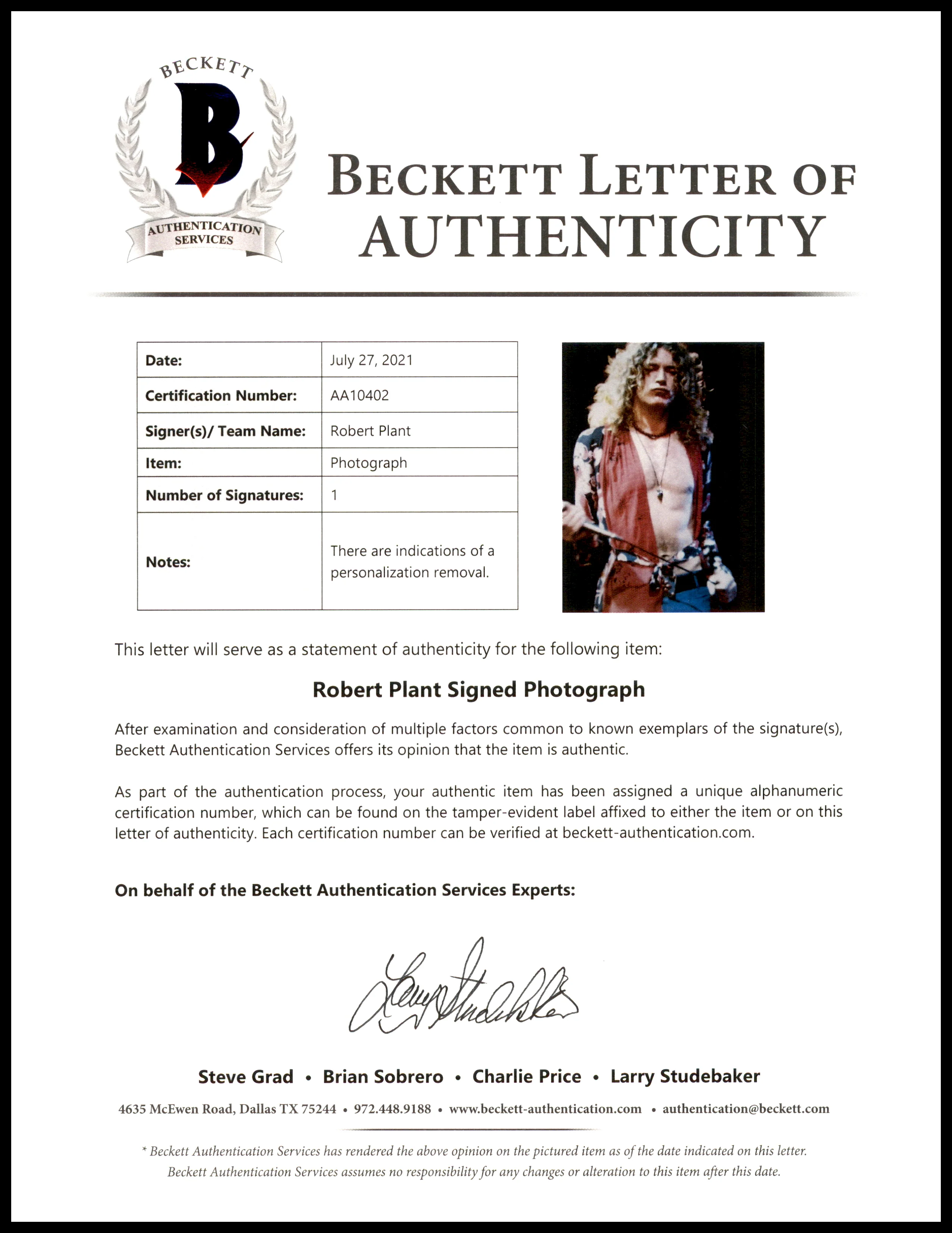 Robert Plant Autographed 8x10 Photo Led Zeppelin (Removed Personalization) Beckett BAS #AA10402 - Image 2