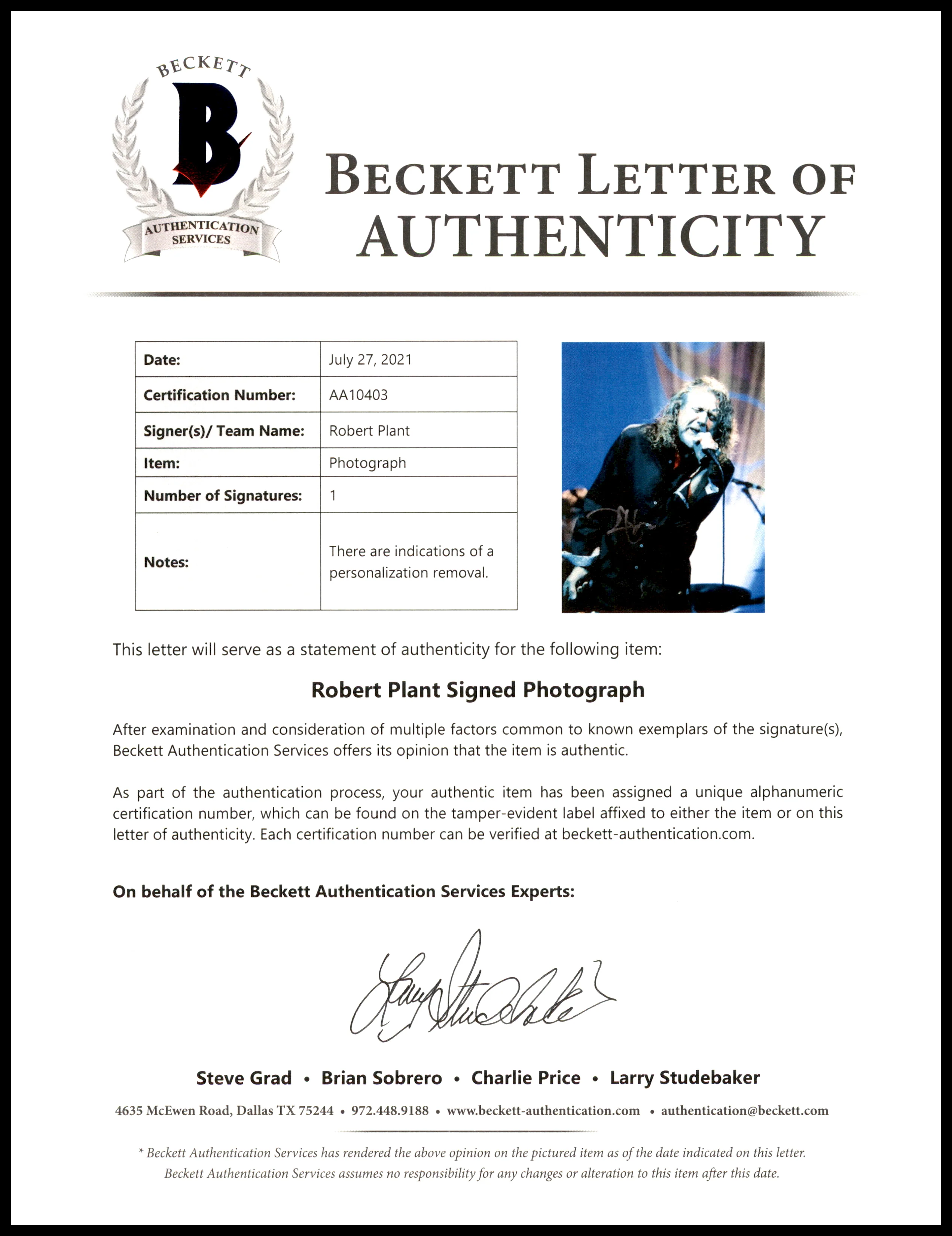 Robert Plant Autographed 8x10 Photo Led Zeppelin (Removed Personalization) Beckett BAS #AA10403 - Image 2