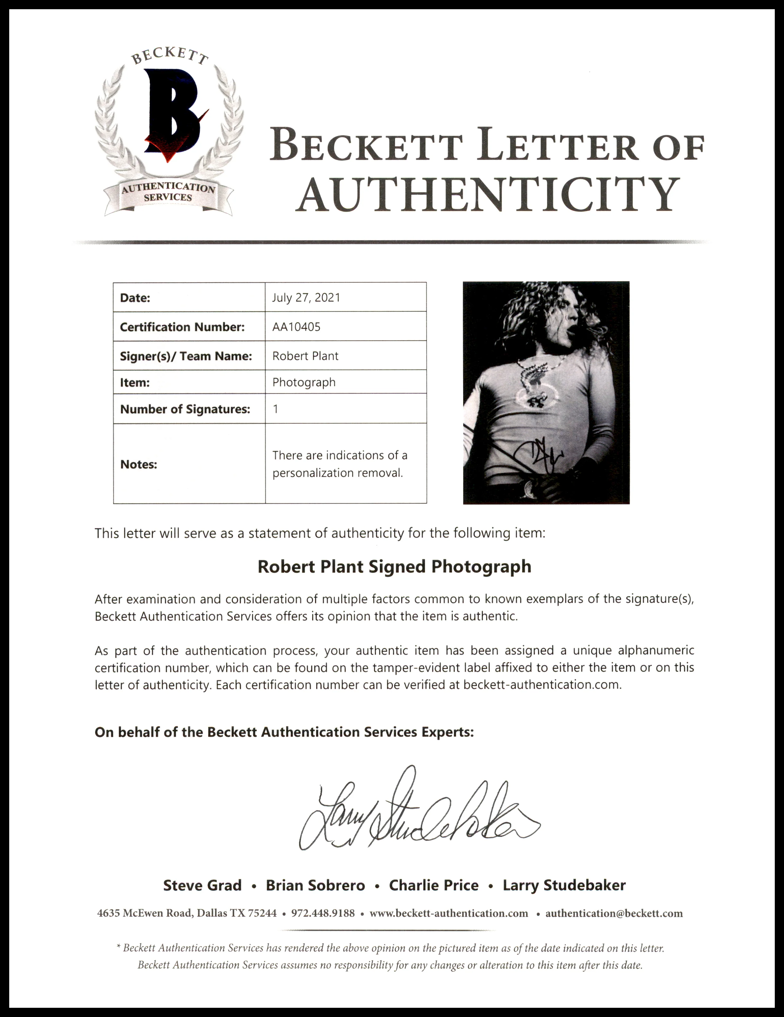 Robert Plant Autographed 8x10 Photo Led Zeppelin (Removed Personalization) Beckett BAS #AA10405 - Image 2