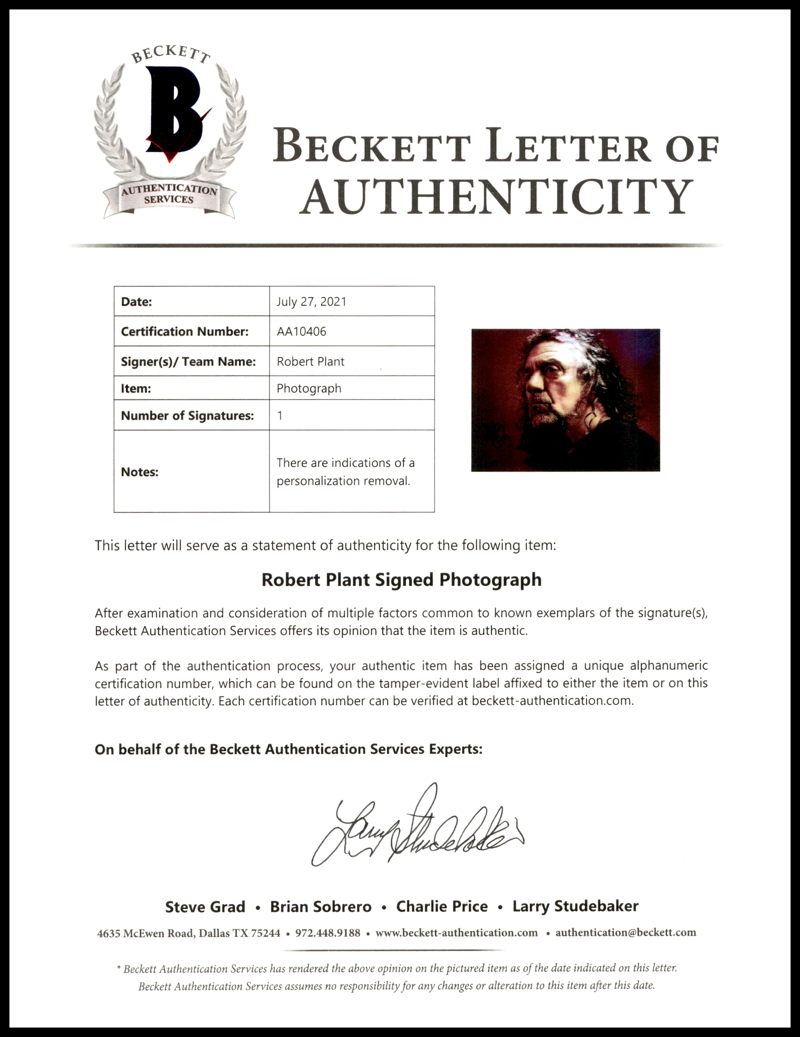 Robert Plant Autographed 8x10 Photo Led Zeppelin (Removed Personalization) Beckett BAS #AA10406 - Image 3