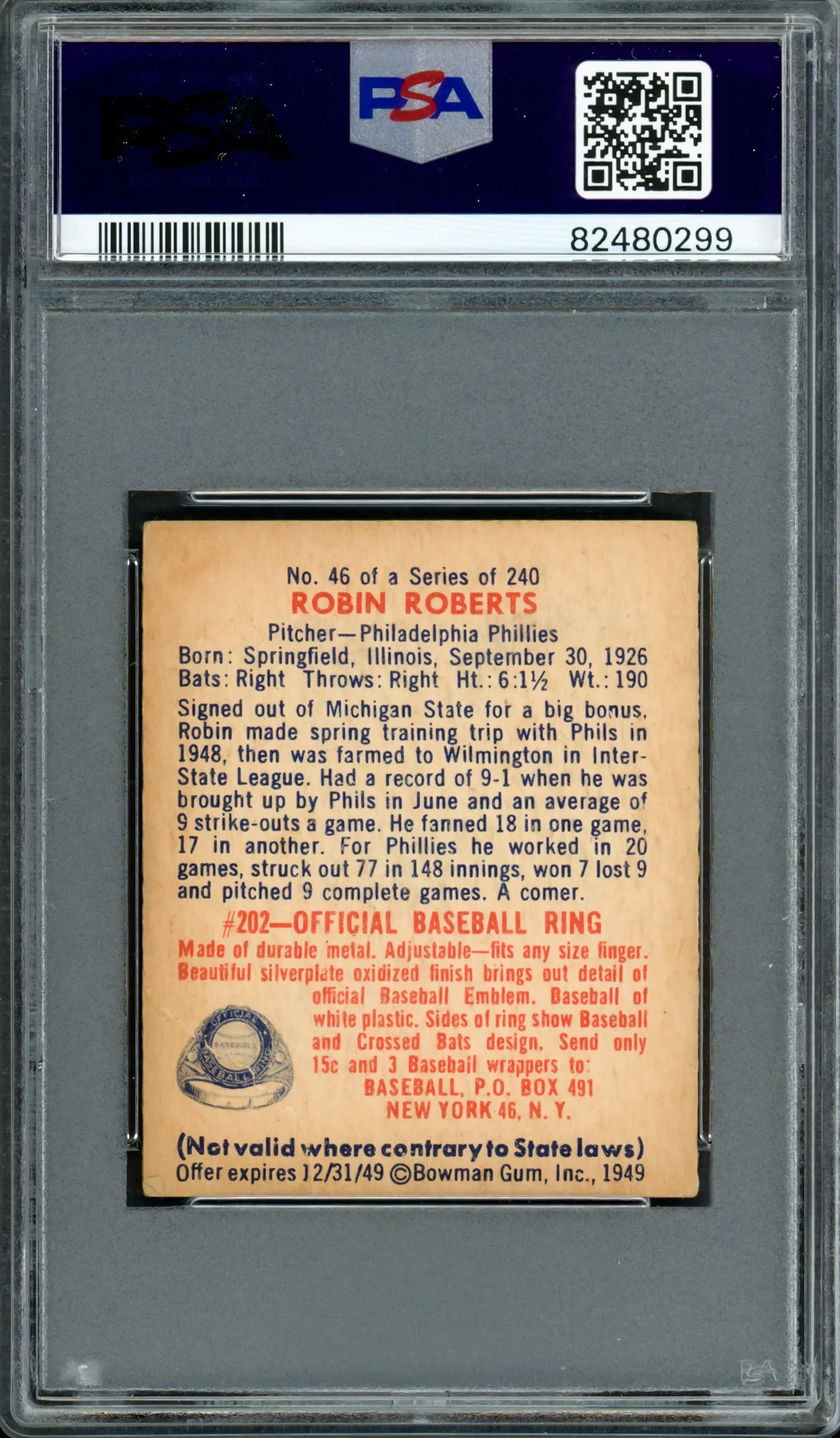 Robin Roberts Autographed 1949 Bowman Rookie Card #46 Philadelphia Phillies Auto Grade Gem Mint 10 PSA/DNA #82480299 - Image 2