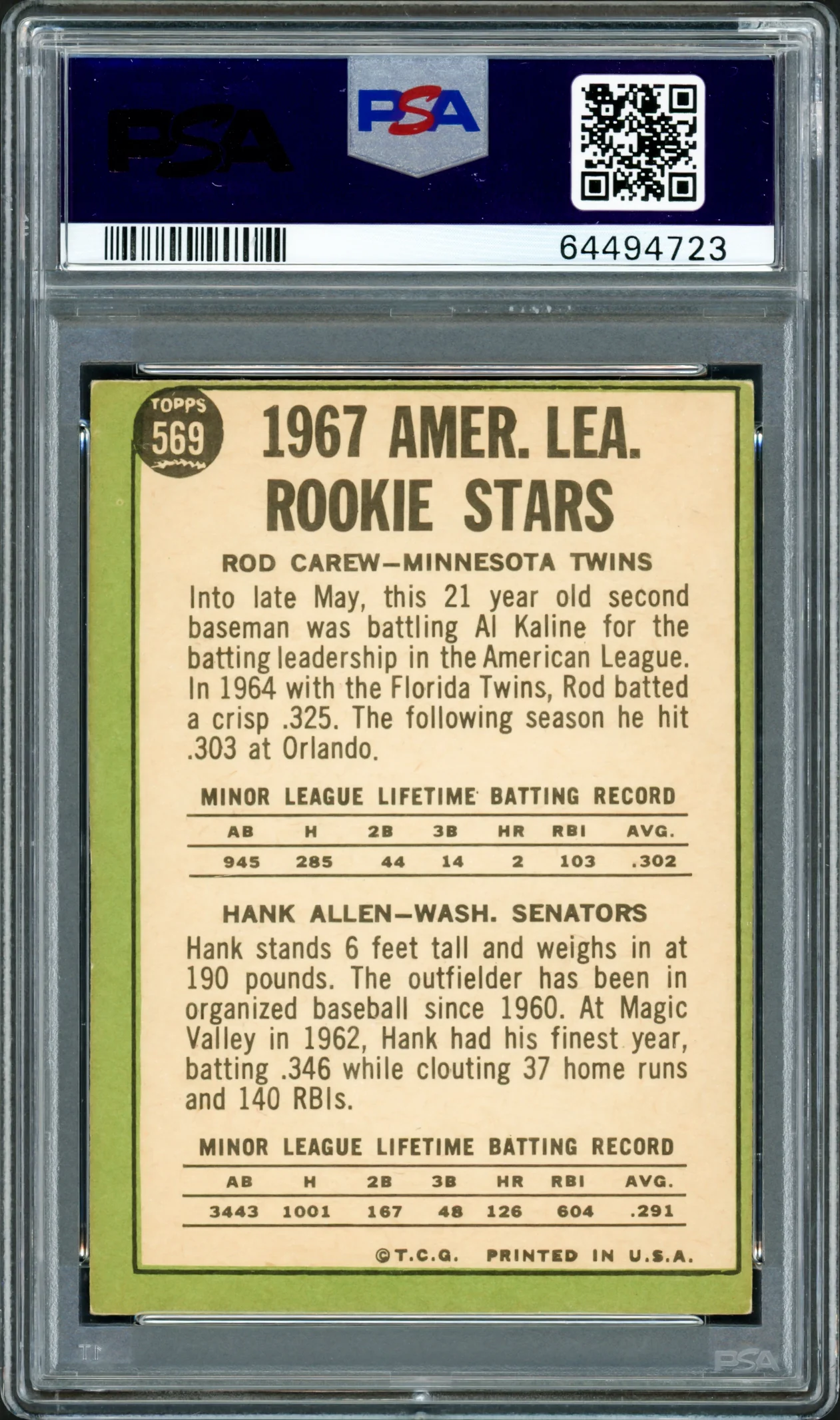 Rod Carew Autographed 1967 Topps Rookie Card #569 Minnesota Twins PSA 4 Auto Grade Gem Mint 10 PSA/DNA #64494723 - Image 2