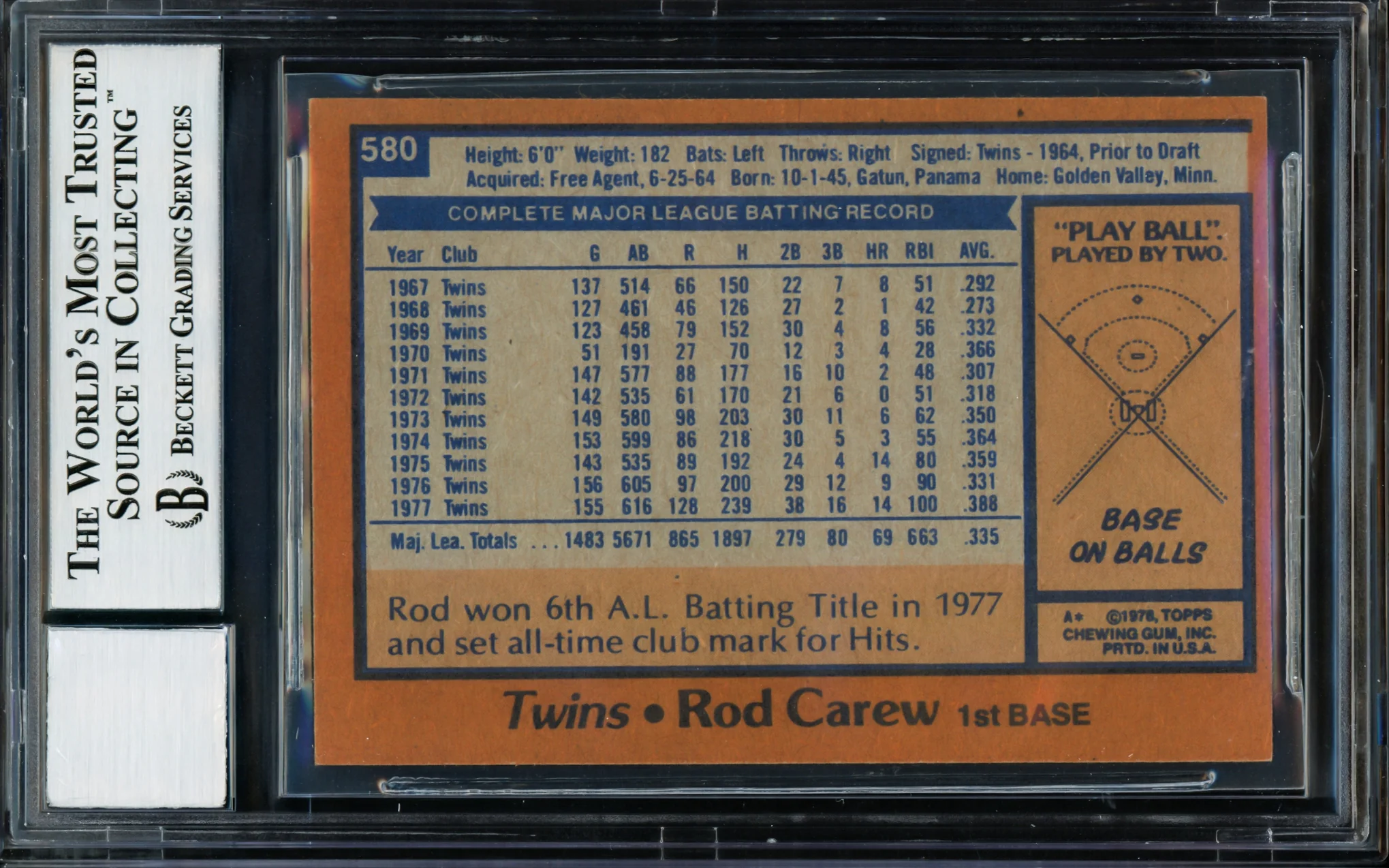 Rod Carew Autographed 1978 Topps Card #580 Minnesota Twins Auto Grade Gem Mint 10 Beckett BAS Stock #211235 - Image 2