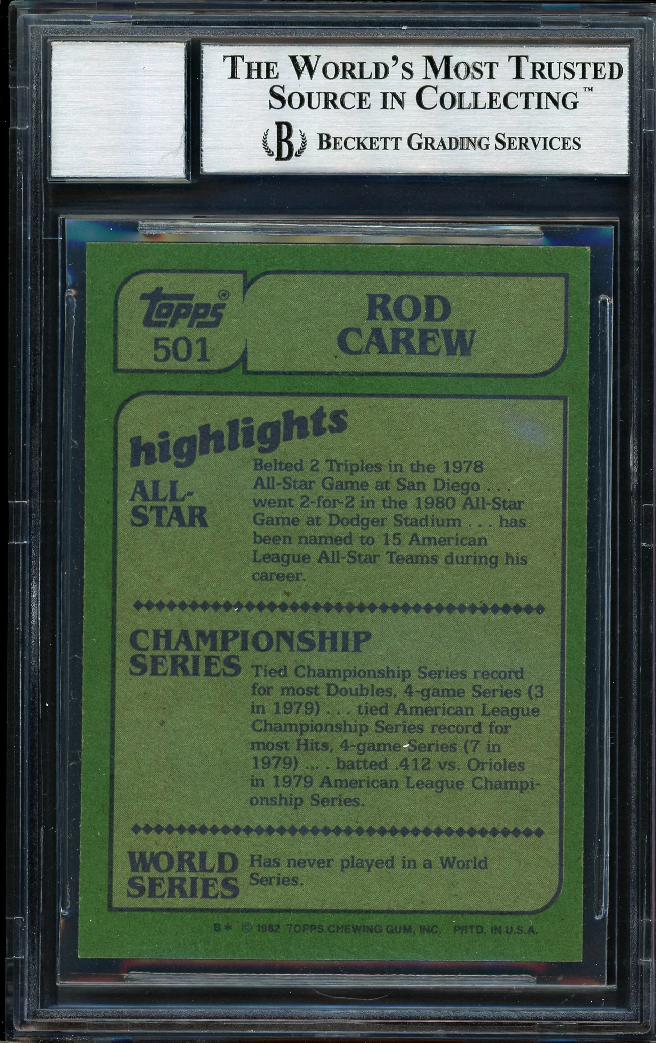 Rod Carew Autographed 1982 Topps In Action Card #501 California Angels Auto Grade 10 Beckett BAS Stock #186053 - Image 2