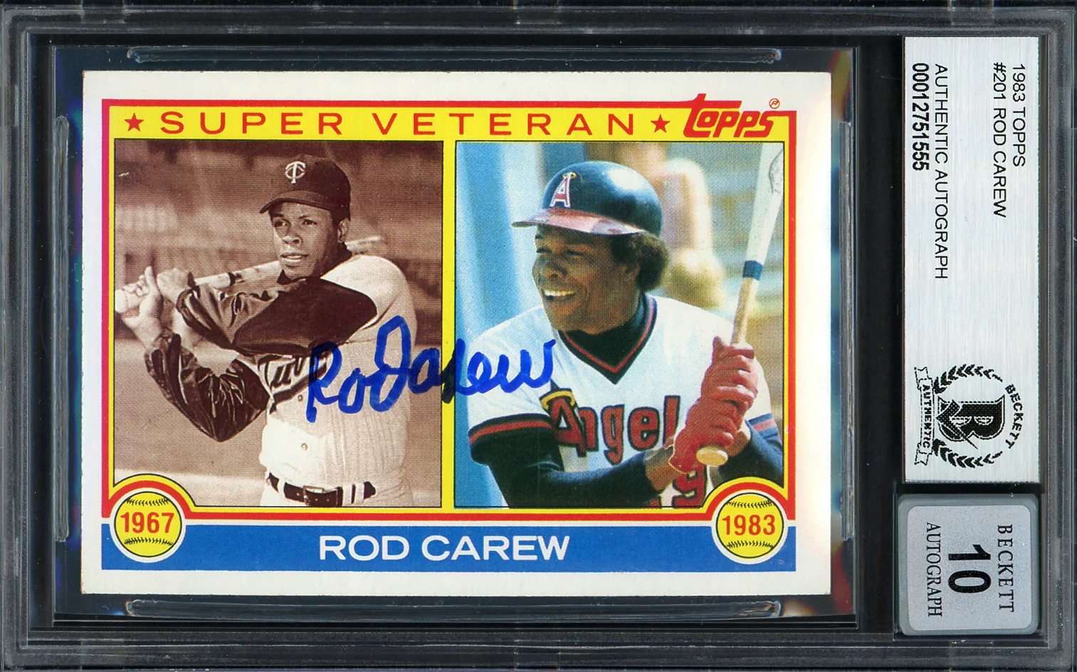 Rod Carew Autographed 1983 Topps Super Veteran Card #201 California Angels Auto Grade Gem Mint 10 Beckett BAS Stock #192673