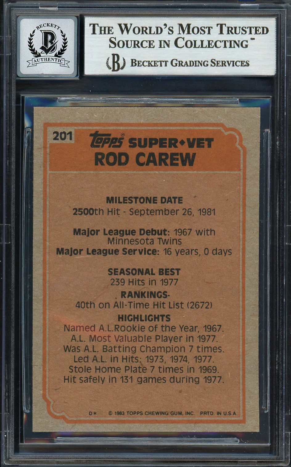 Rod Carew Autographed 1983 Topps Super Veteran Card #201 California Angels Auto Grade Gem Mint 10 Beckett BAS Stock #192673 - Image 2
