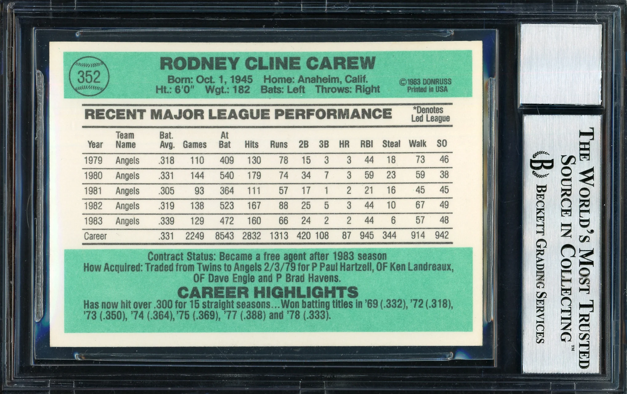 Rod Carew Autographed 1984 Donruss Card #352 California Angels Auto Grade 10 Beckett BAS Stock #186071 - Image 2