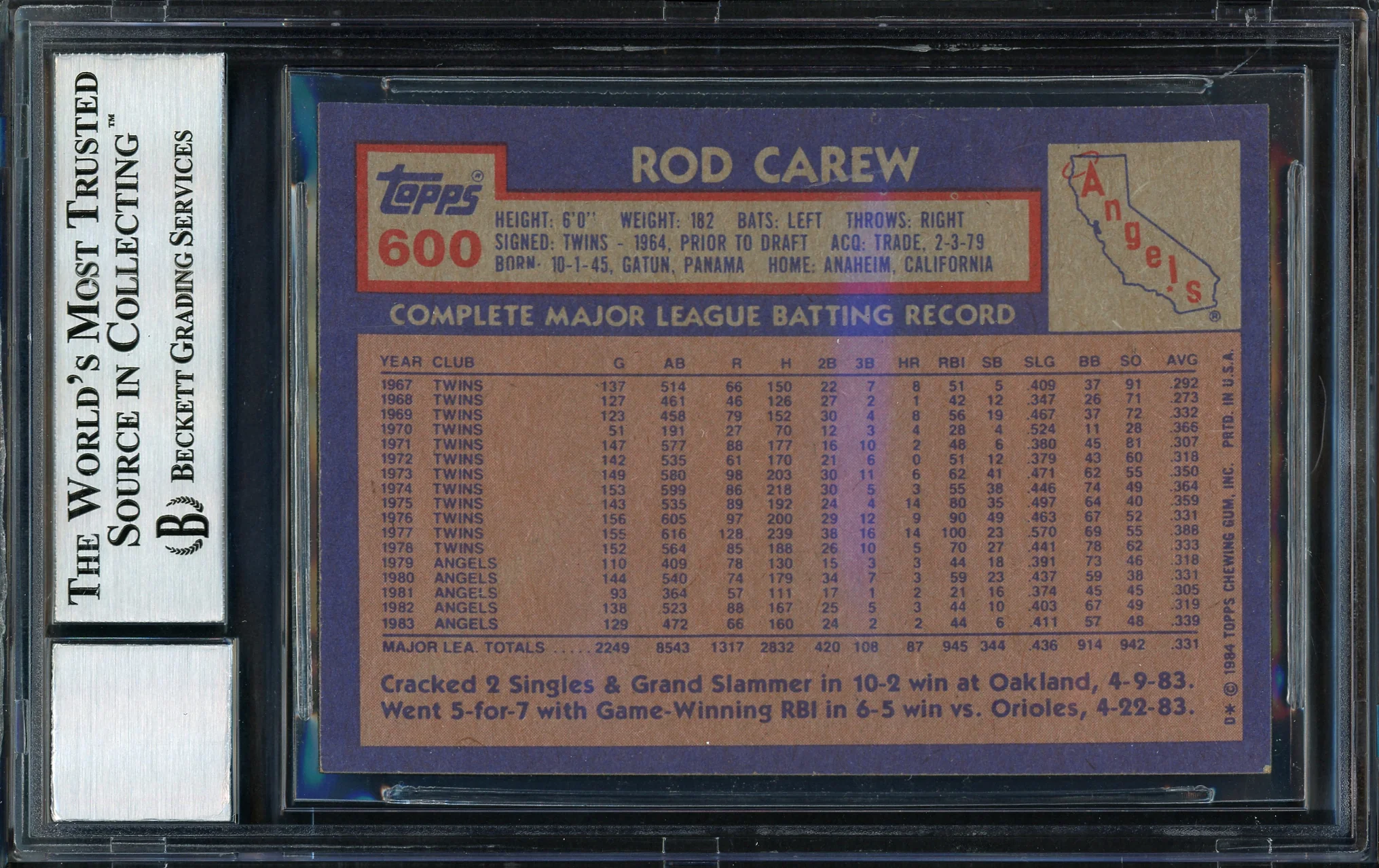 Rod Carew Autographed 1984 Topps Card #600 California Angels Auto Grade 10 Beckett BAS Stock #186078 - Image 2