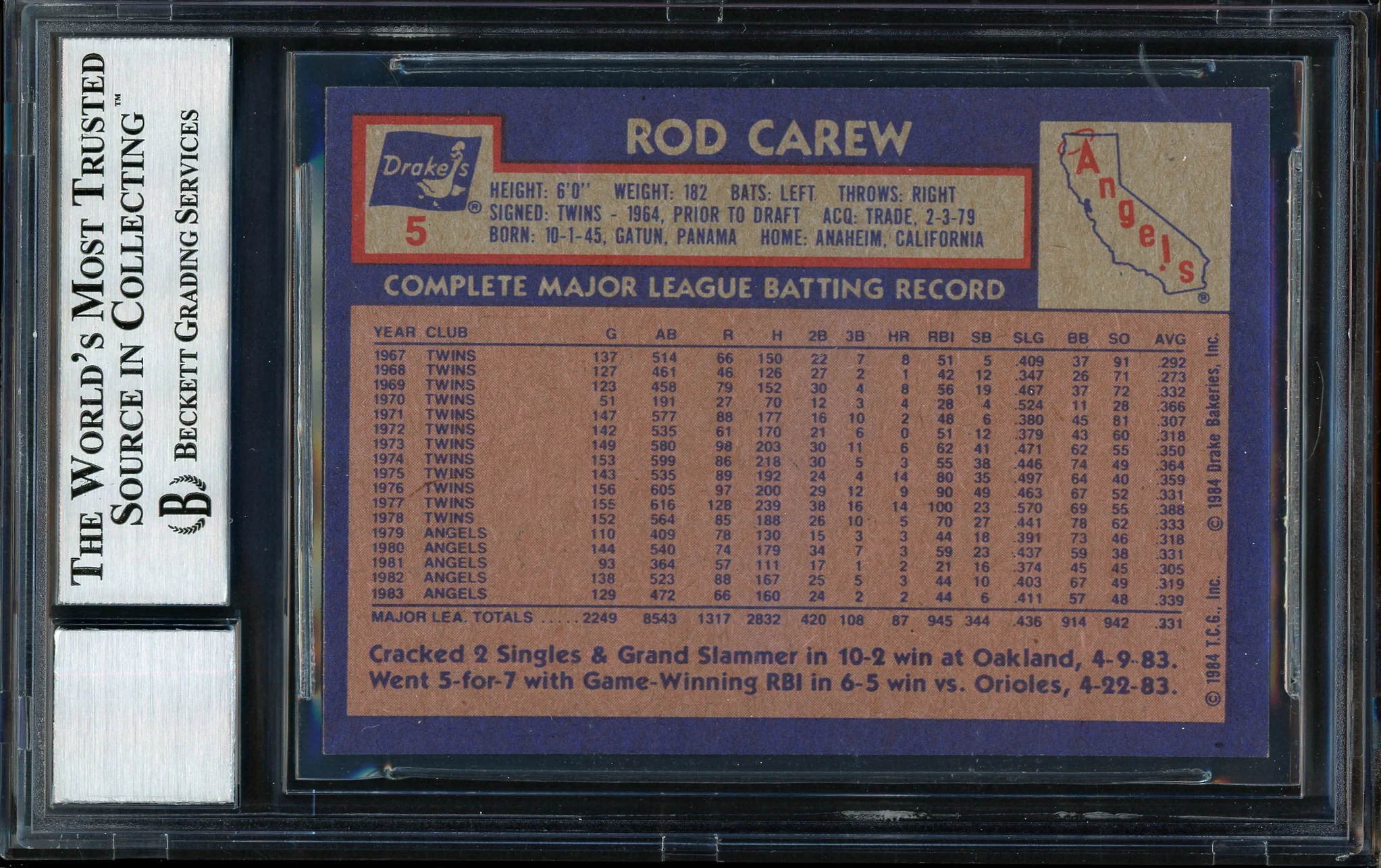 Rod Carew Autographed 1984 Topps Drake's Card #5 California Angels Auto Grade 10 Beckett BAS #12510574 - Image 2