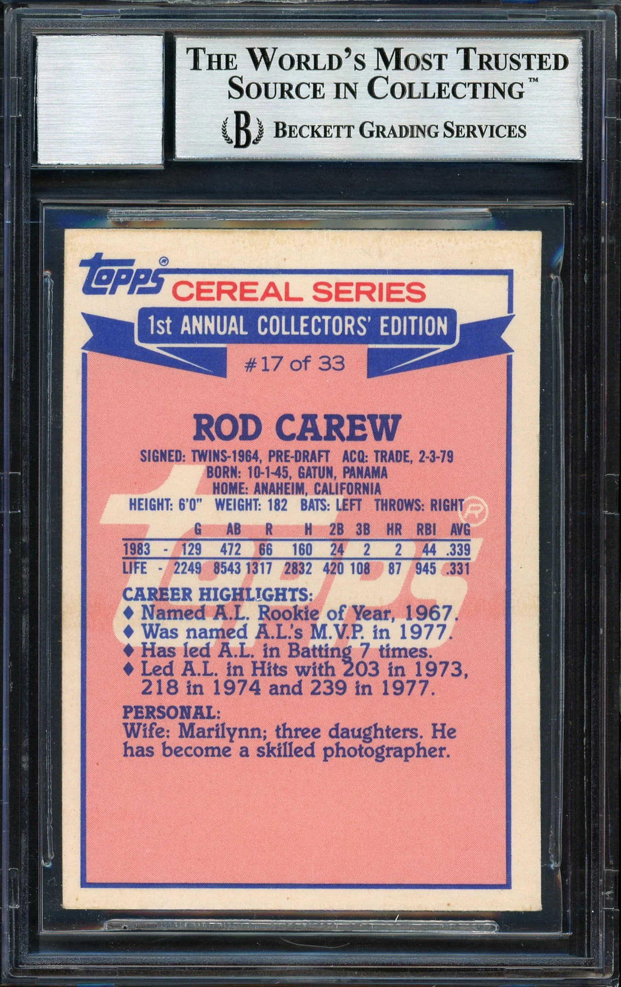 Rod Carew Autographed 1984 Topps Ralston Purina Card #17 California Angels Auto Grade 10 Beckett BAS #12510579 - Image 2