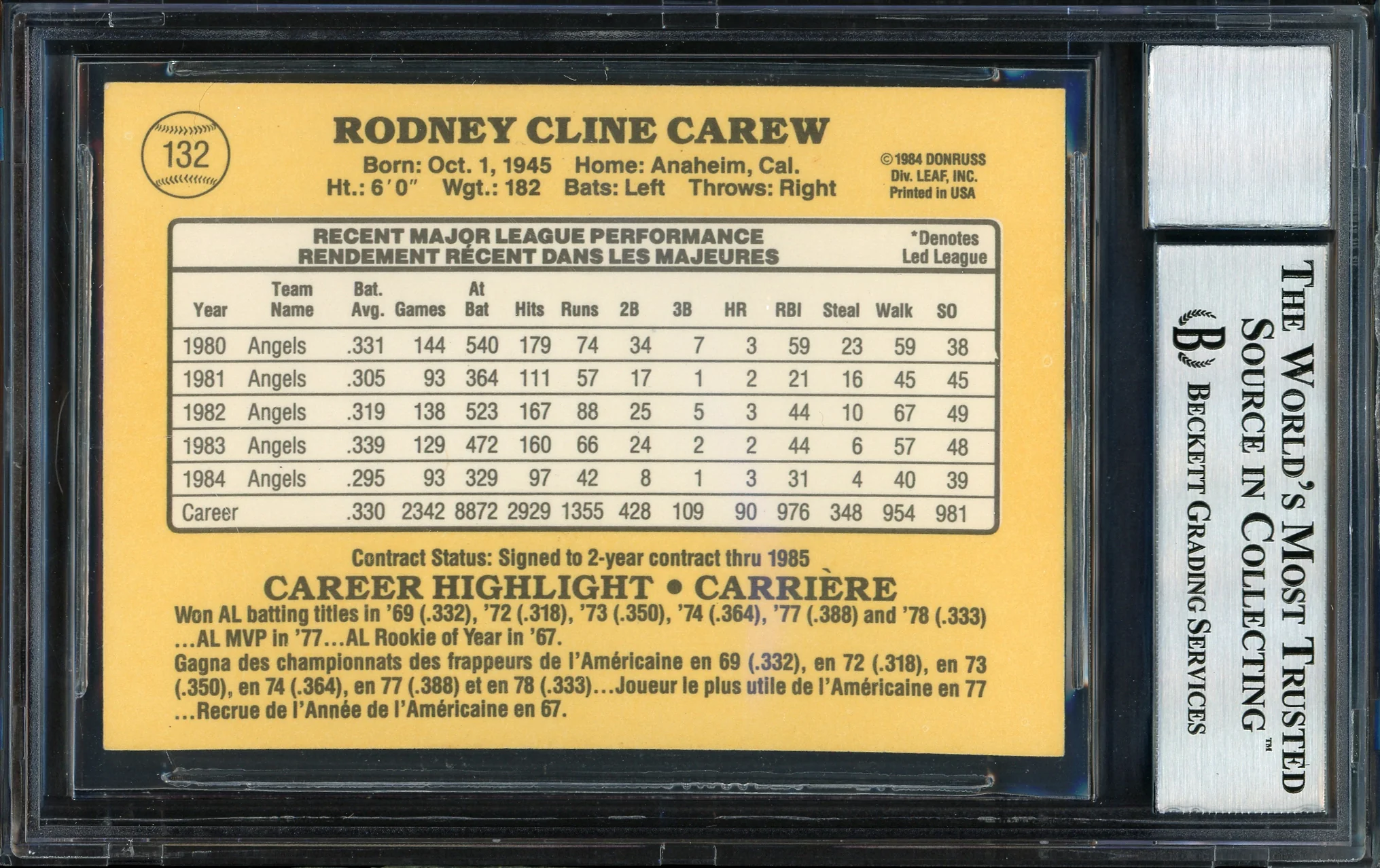 Rod Carew Autographed 1985 Leaf Card #132 California Angels Auto Grade 10 Beckett BAS #12510721 - Image 2