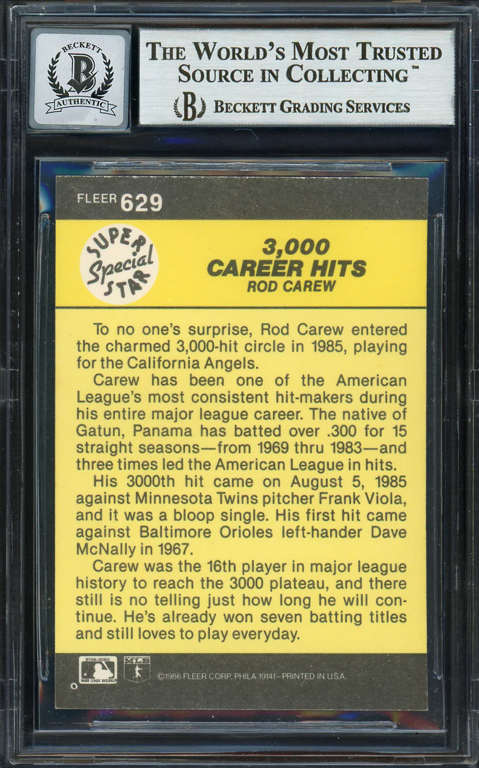 Rod Carew Autographed 1986 Fleer Card #629 California Angels Auto Grade Gem Mint 10 Beckett BAS #12751599 - Image 2