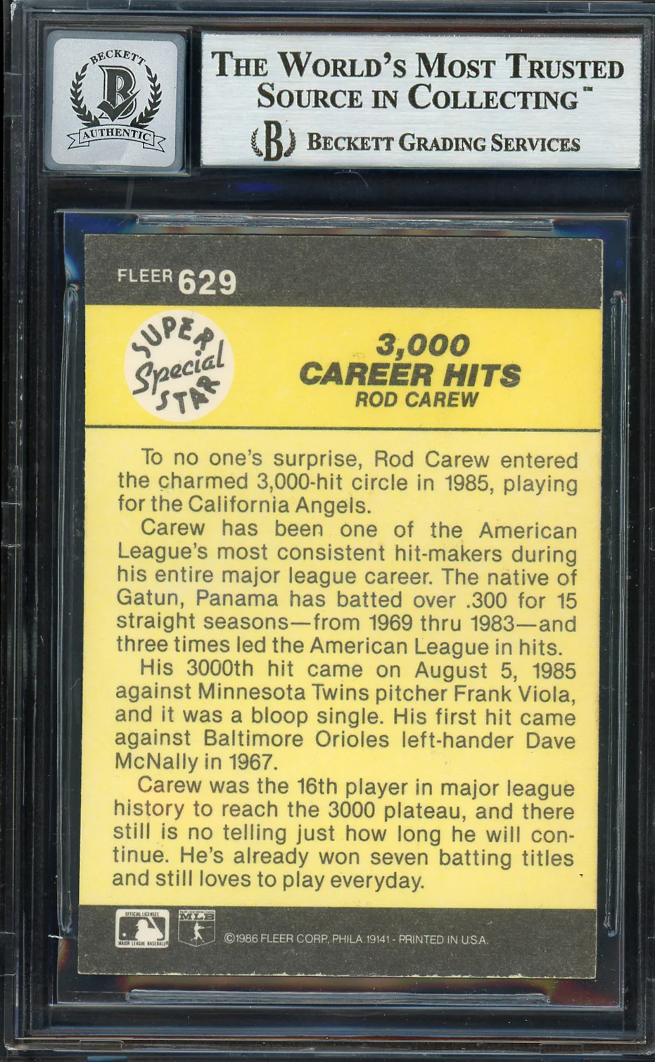 Rod Carew Autographed 1986 Fleer Card #629 California Angels Auto Grade Gem Mint 10 Beckett BAS #12751600 - Image 2