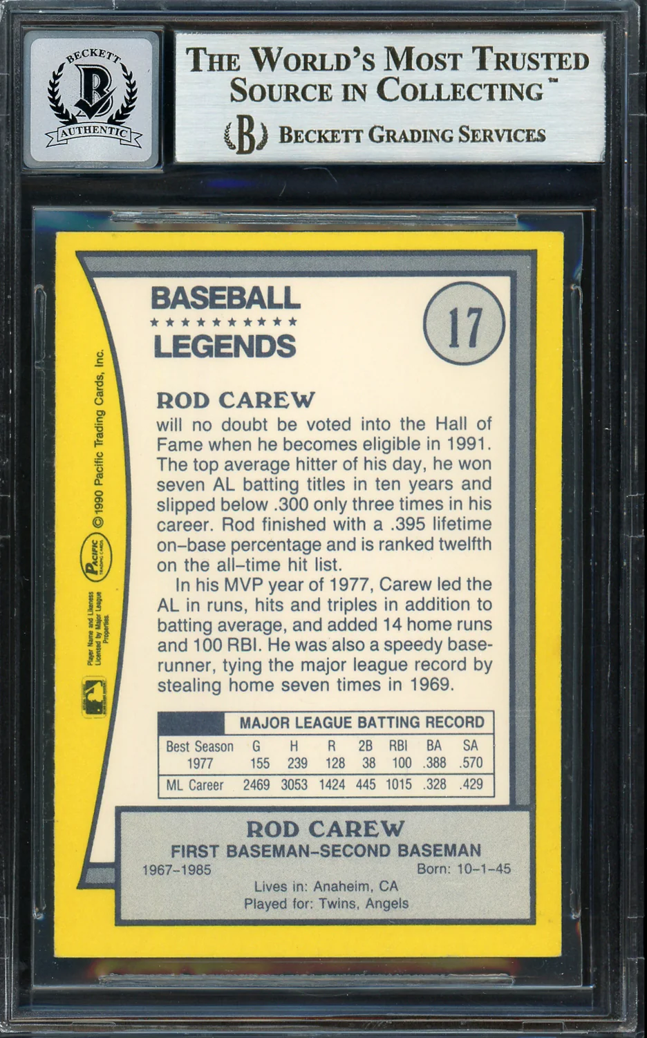 Rod Carew Autographed 1990 Pacific Card #17 Minnesota Twins Auto Grade Gem Mint 10 Beckett BAS #12751622 - Image 2