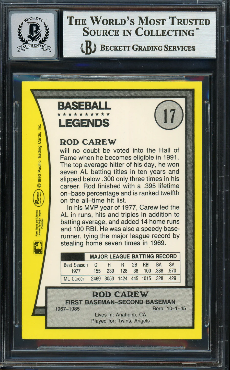 Rod Carew Autographed 1990 Pacific Card #17 Minnesota Twins Auto Grade Gem Mint 10 Beckett BAS #12751623 - Image 2